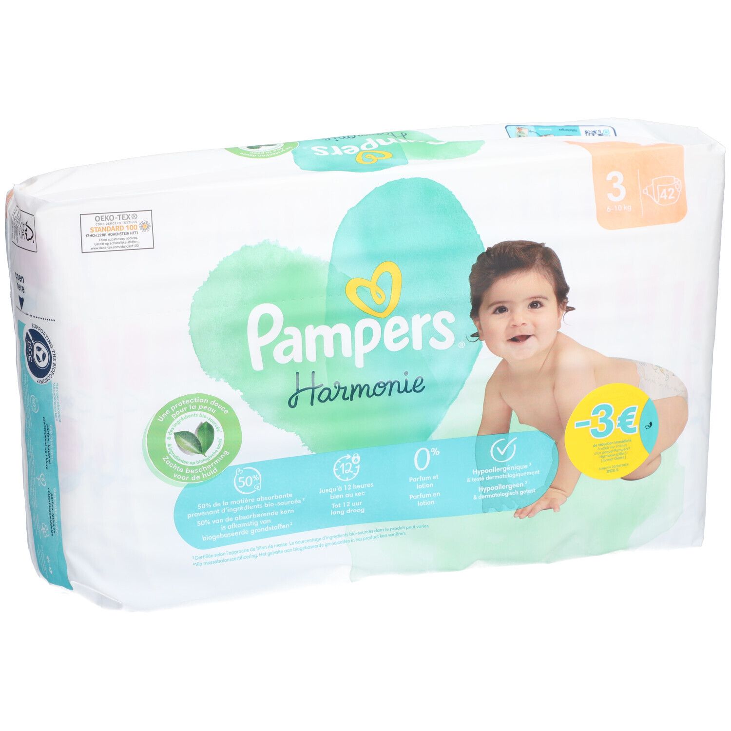 Pampers Harmonie Windeln, Größe 3, mit Baby. Verpackung mit Logo, Herz-Design und Produktinformationen.