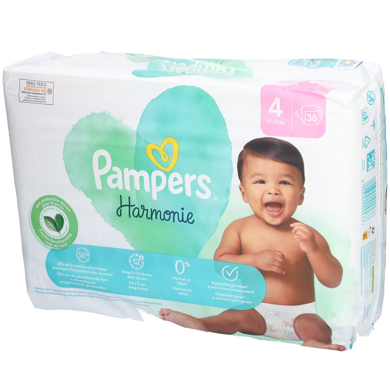 Pampers Harmonie Windeln, Größe 4. Verpackung mit Baby-Illustration. Oeko-Tex-Zertifizierung.