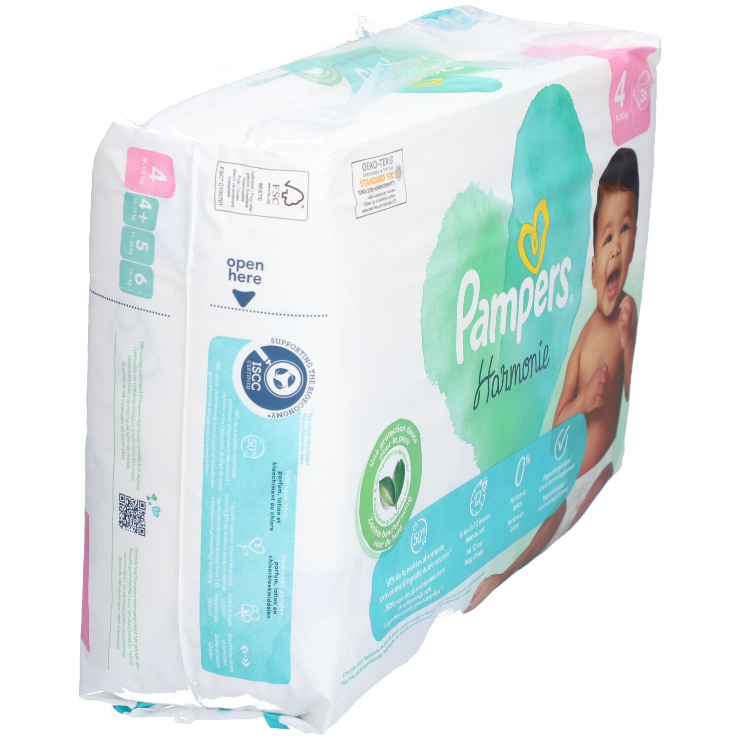 Pampers Harmonie Windeln, Größe 4. Verpackung, Seitenansicht. Oeko-Tex-Zertifizierung.