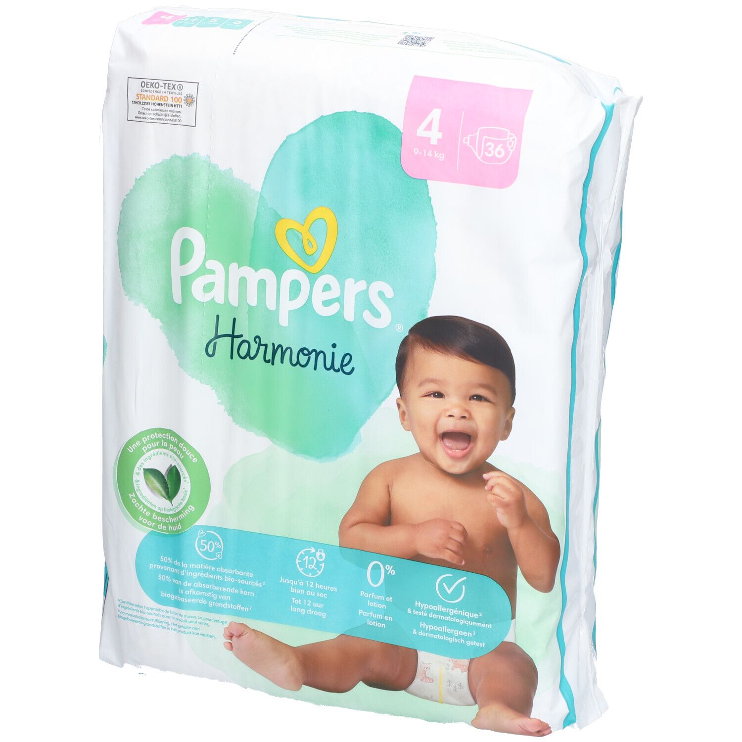 Pampers Harmonie Windeln, Größe 4. Verpackung mit Baby-Illustration. Oeko-Tex-Zertifizierung.