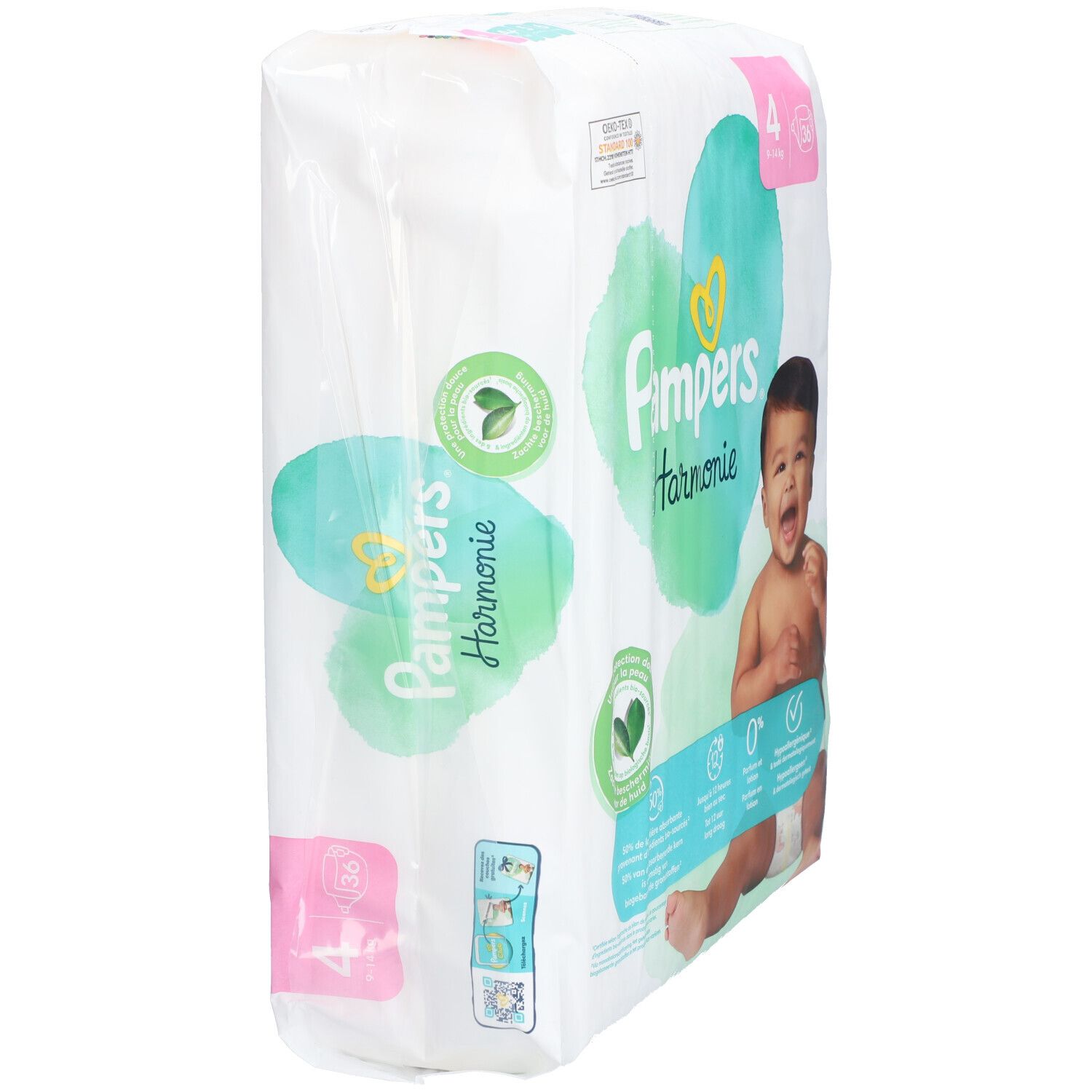 Pampers Harmonie Windeln, Größe 4. Verpackung, Seitenansicht. Oeko-Tex-Zertifizierung.