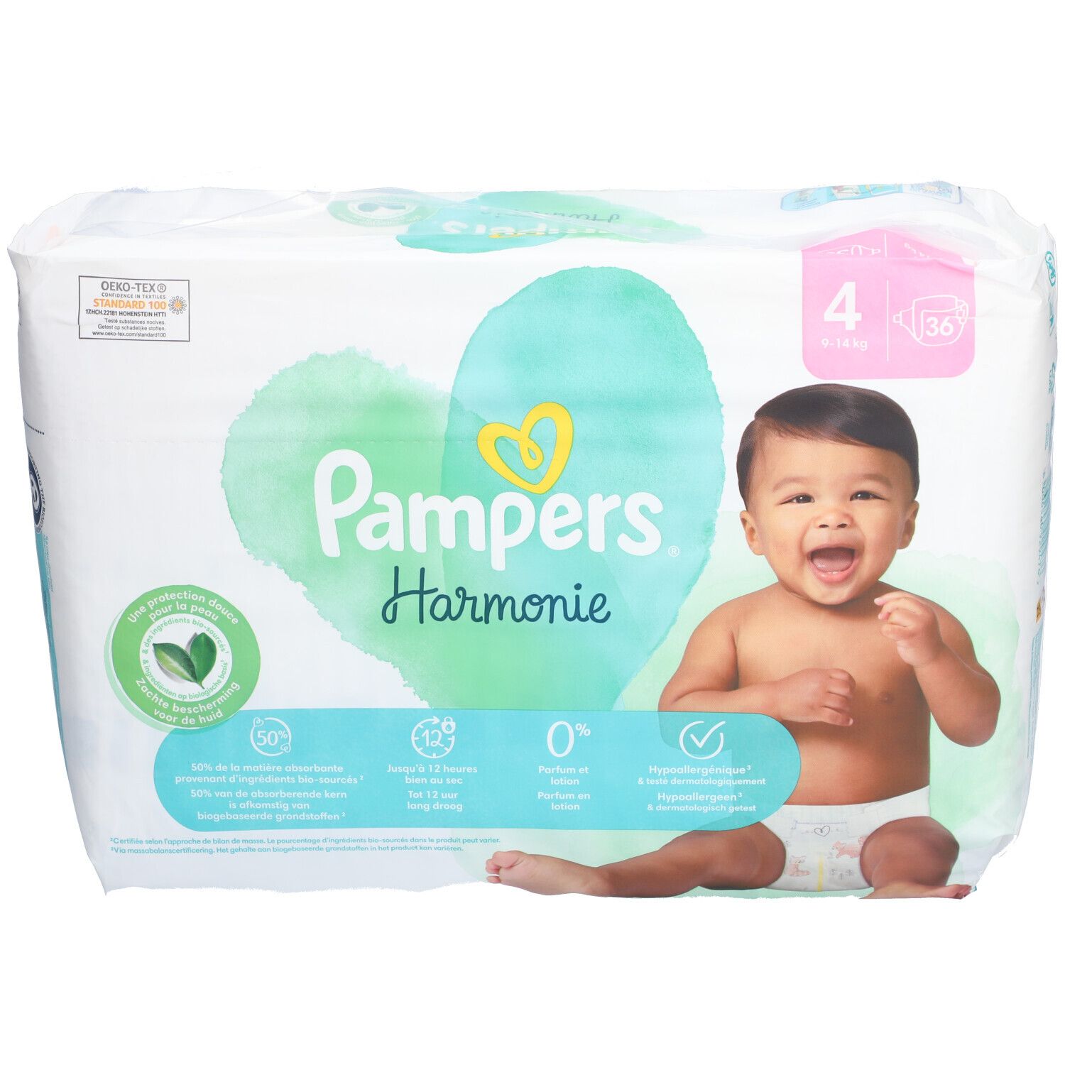Pampers Harmonie Windeln, Größe 4. Verpackung mit Baby-Illustration. Oeko-Tex-Zertifizierung.