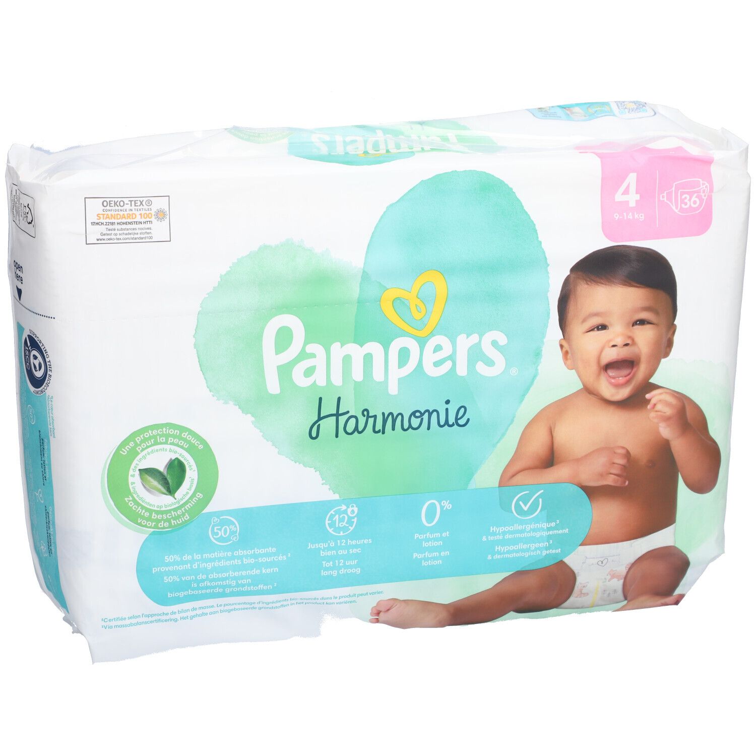 Pampers Harmonie Windeln, Größe 4. Verpackung mit Baby-Illustration. Oeko-Tex-Zertifizierung.