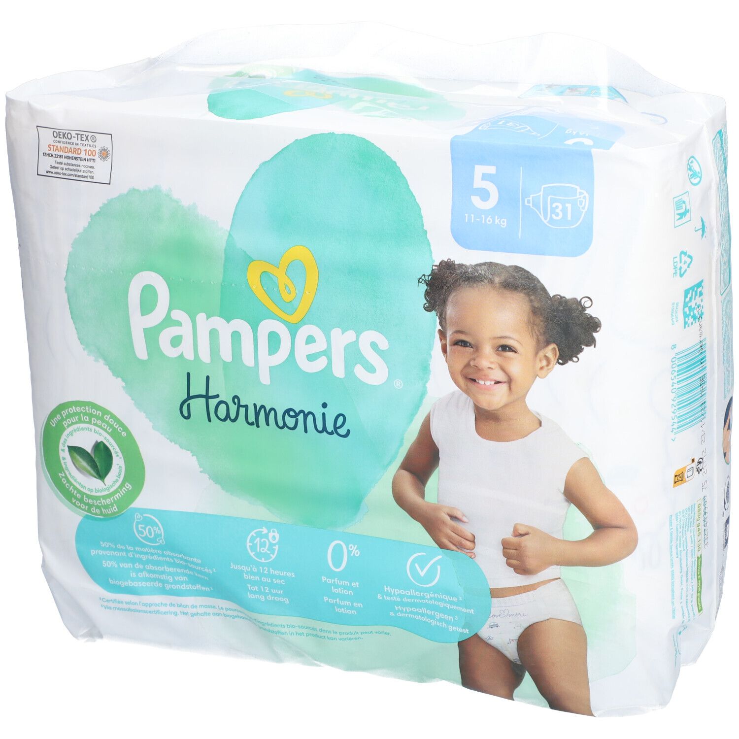 Pampers Harmonie - Couche à base de coton et fibres végétales. Taille 5, 11 kg et + - sac