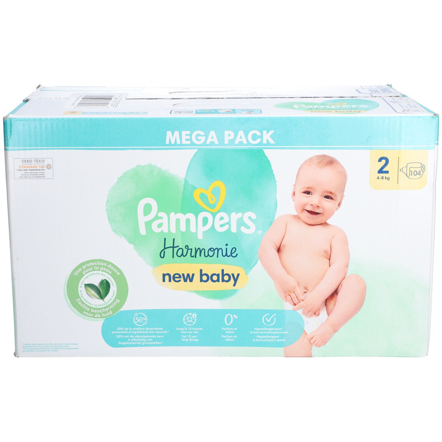 Pampers Harmonie New Baby Windeln, Größe 2, Mega Pack. Abbildung eines Babys. Verpackung mit Logo und Produktinformationen.