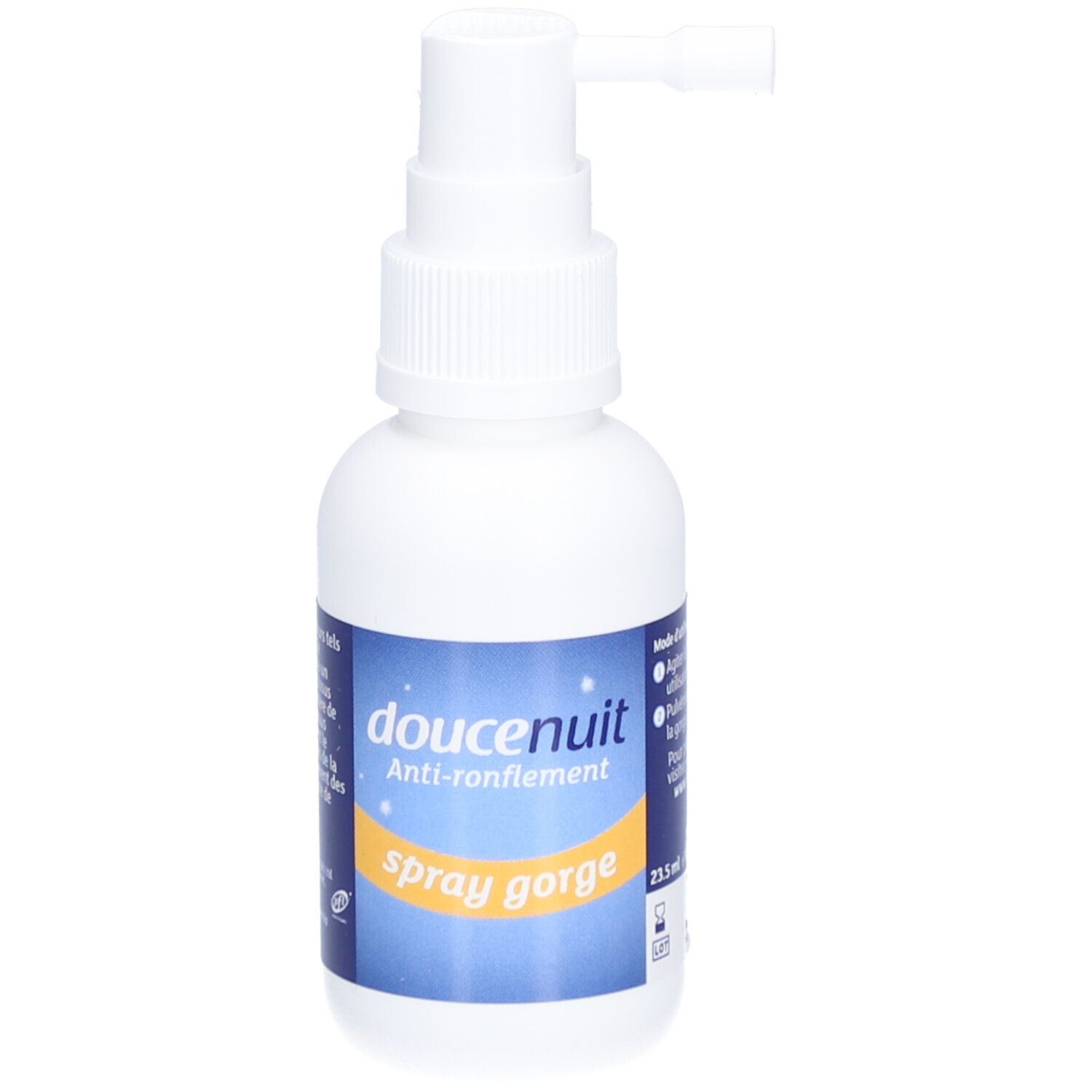 Witte fles met spraykop. Opschrift: doucenuit Anti-ronflement Spray gorge.