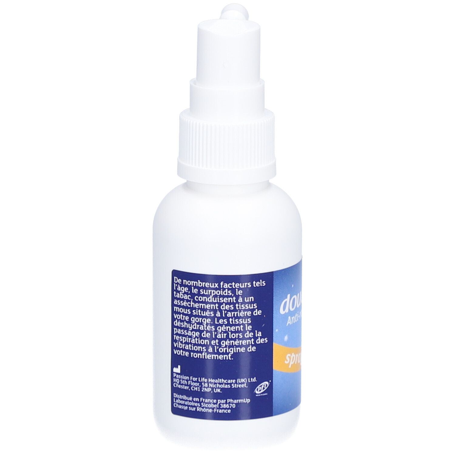 Witte fles met blauw en geel etiket. Tekst: doucenuit Anti-ronflement Spray gorge. Tekst op de achterkant.