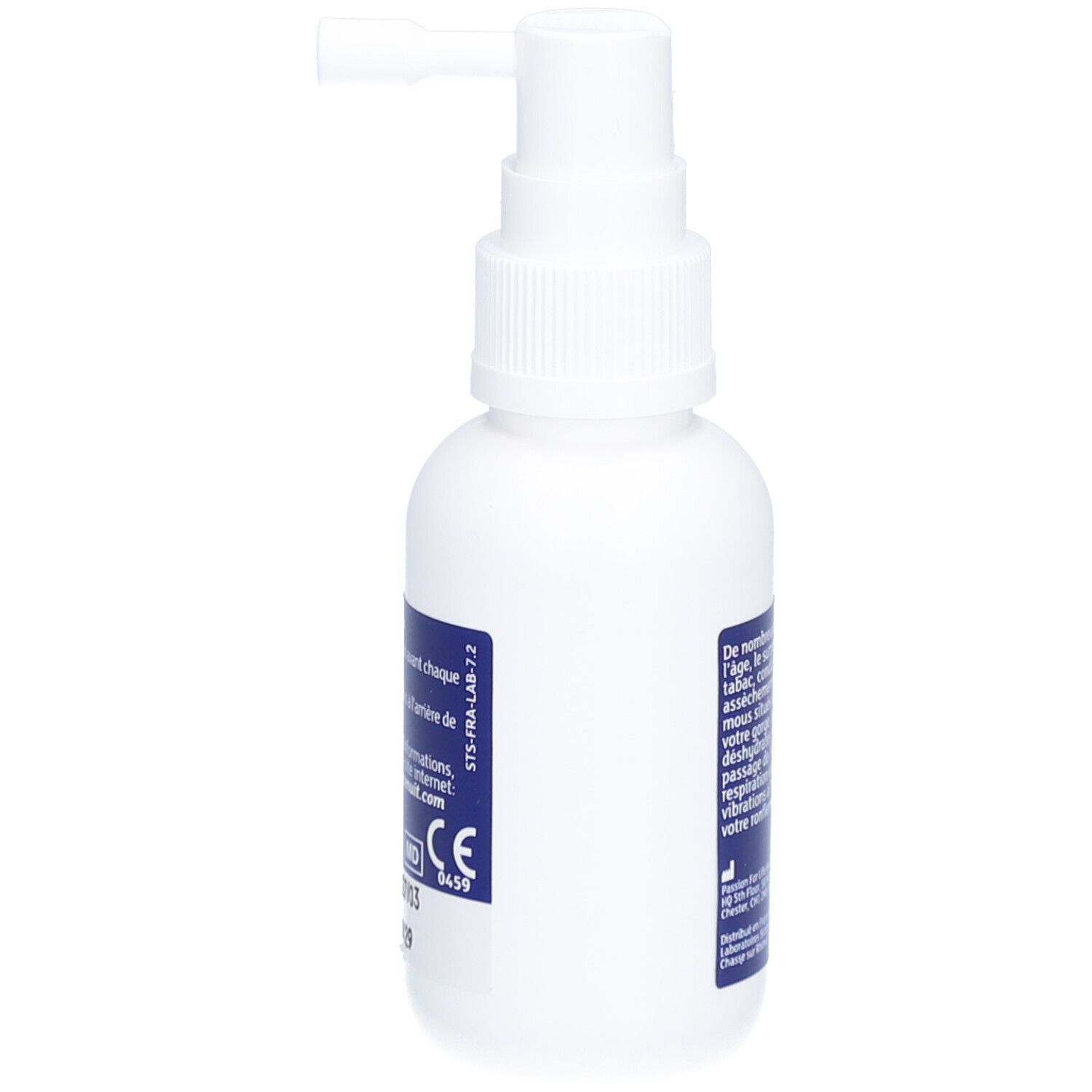 Witte fles met spraykop. Opschrift: doucenuit Anti-ronflement Spray gorge. Tekst achterkant en CE-markering.