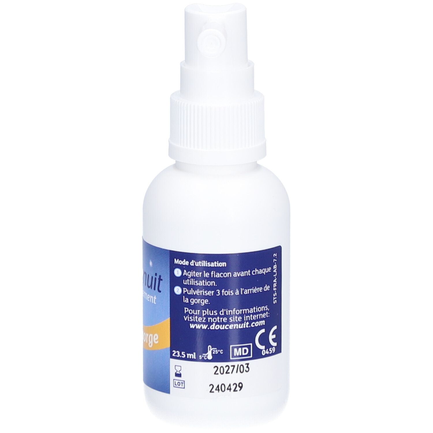 Witte fles met spraykop. Opschrift: doucenuit Anti-ronflement Spray gorge. Gebruiksaanwijzing op de achterkant.