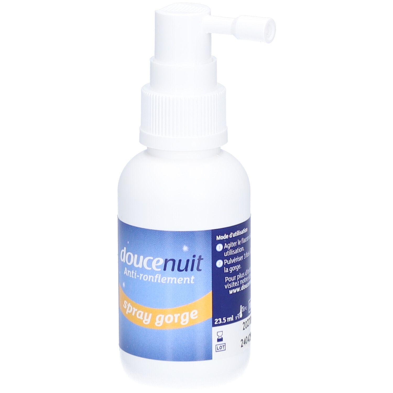 Witte fles met spraykop. Opschrift: doucenuit Anti-ronflement Spray gorge. Tekst op de achterkant.