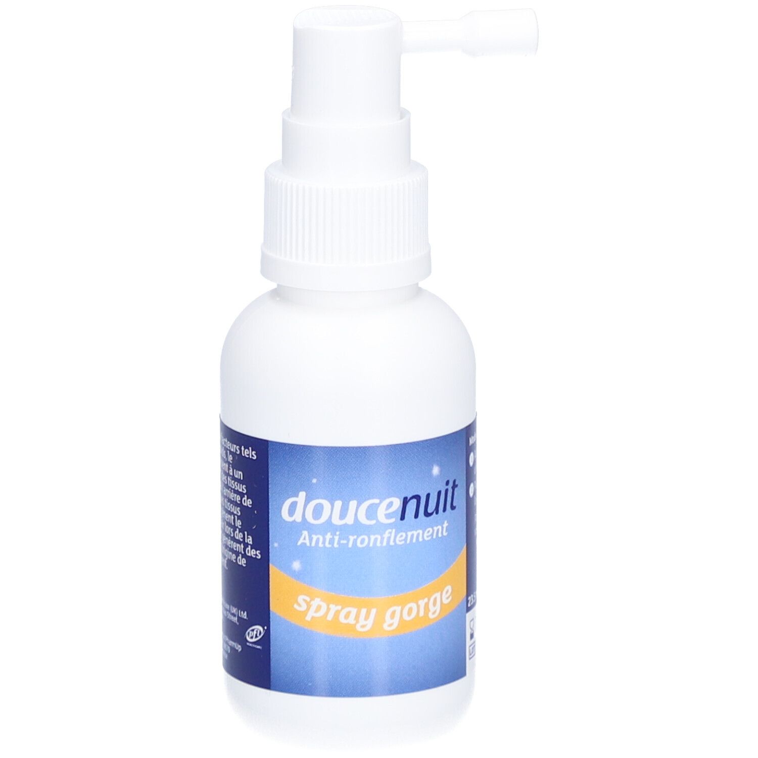Witte fles met spraykop. Opschrift: doucenuit Anti-ronflement Spray gorge. Tekst op de achterkant.