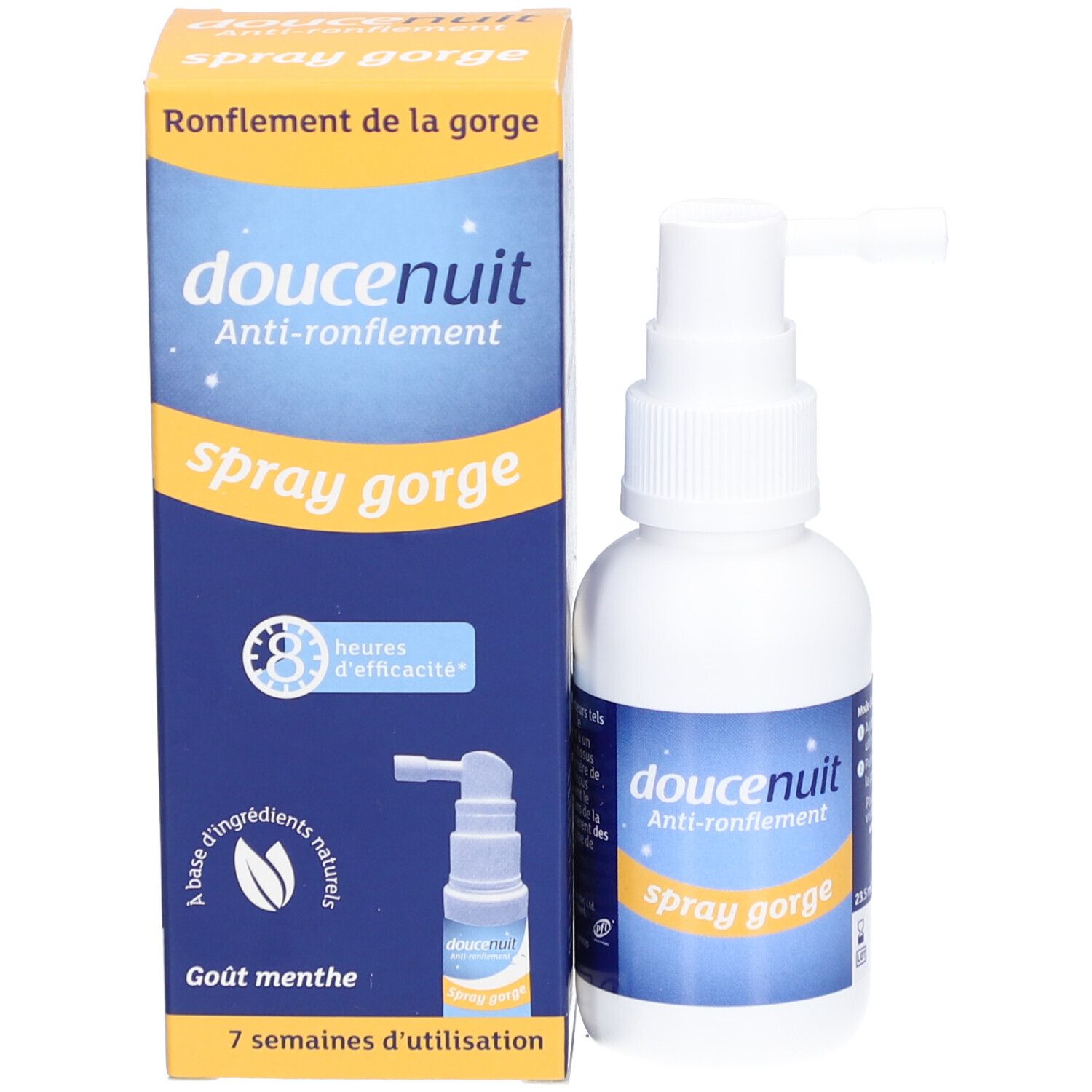 Productverpakking en fles. Opschrift: doucenuit Anti-ronflement Spray gorge. Doos met afbeelding van het product.