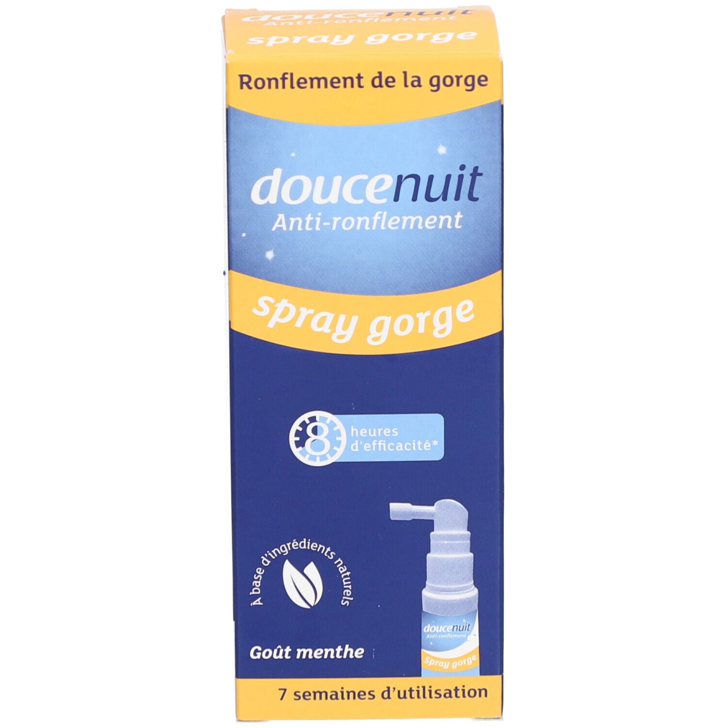 Productverpakking. Opschrift: doucenuit Anti-ronflement Spray gorge. Doos met afbeelding van het product.