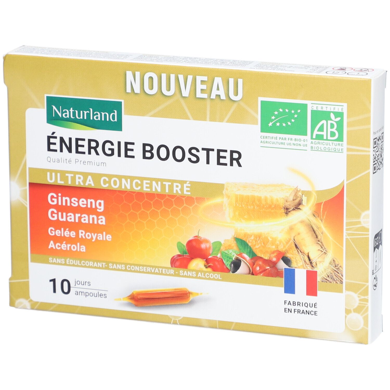 Boîte de produit avec texte: ÉNERGIE BOOSTER, 10 ampoules, ingrédients. Labels bio, Fabriqué en France. Visuel de fruits et ginseng.