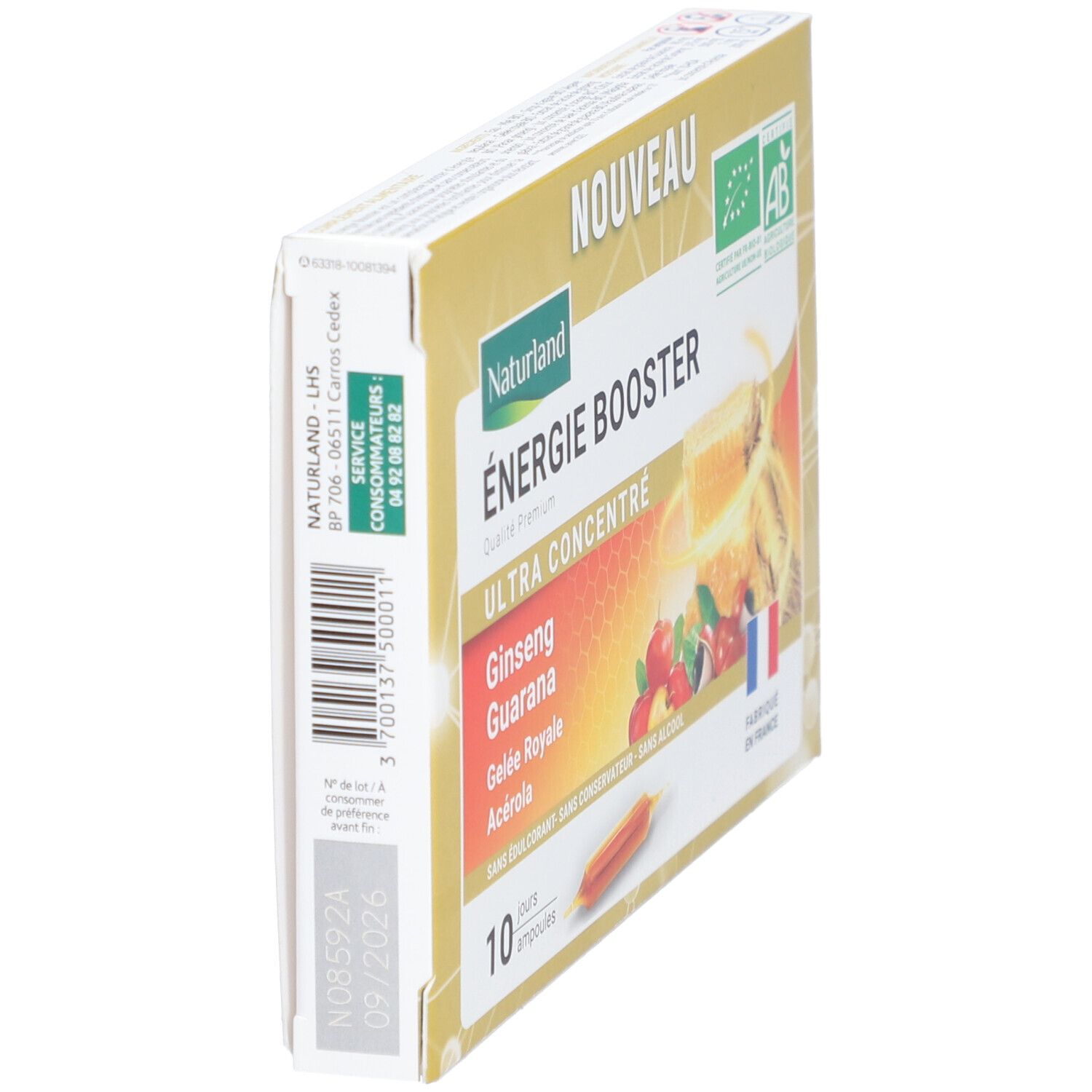 Emballage produit en biais. Texte: ÉNERGIE BOOSTER, 10 ampoules, ingrédients. Labels bio, Fabriqué en France. Code-barres.