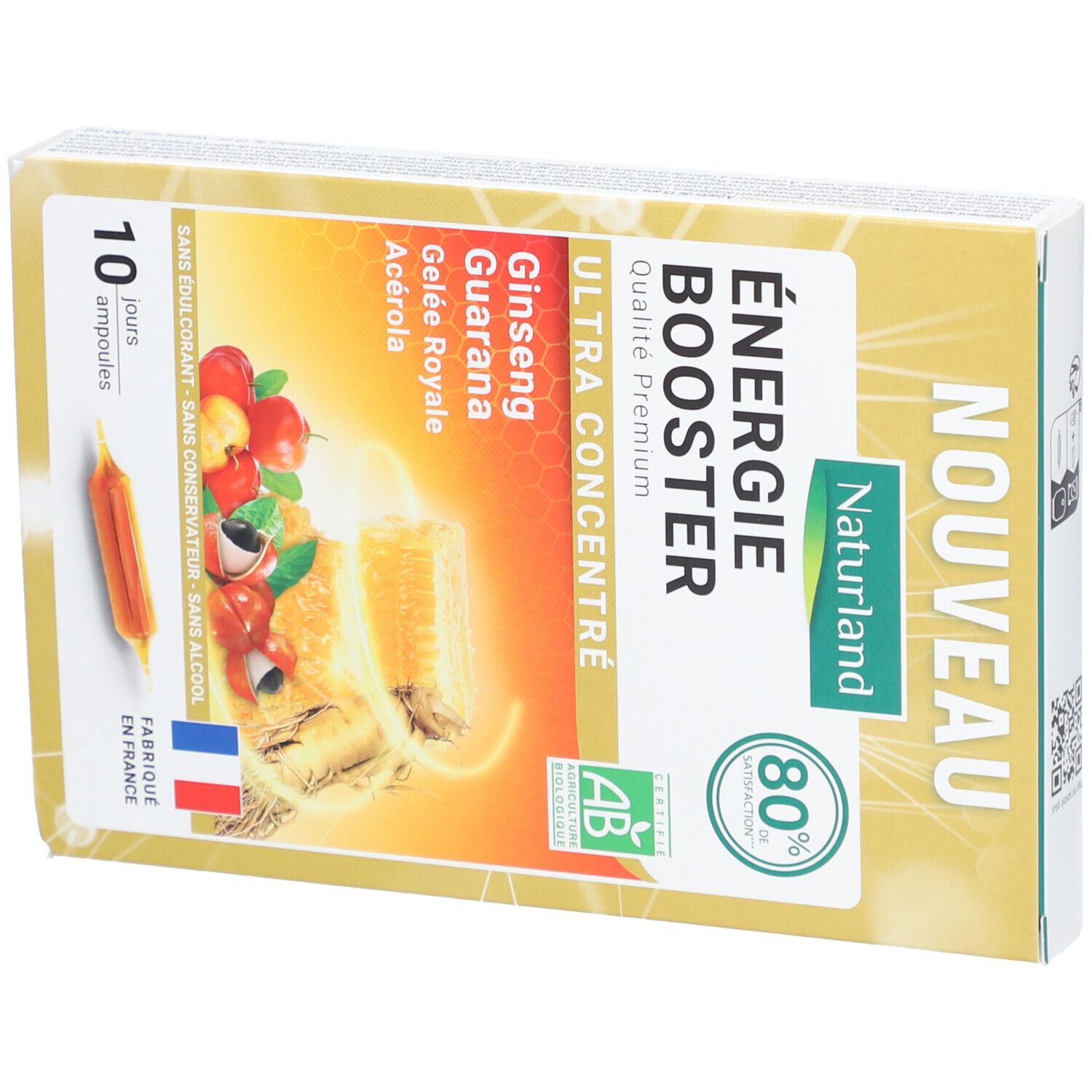 Emballage produit avec texte: ÉNERGIE BOOSTER, 10 ampoules, ingrédients. Labels bio, Fabriqué en France. Label 80%.