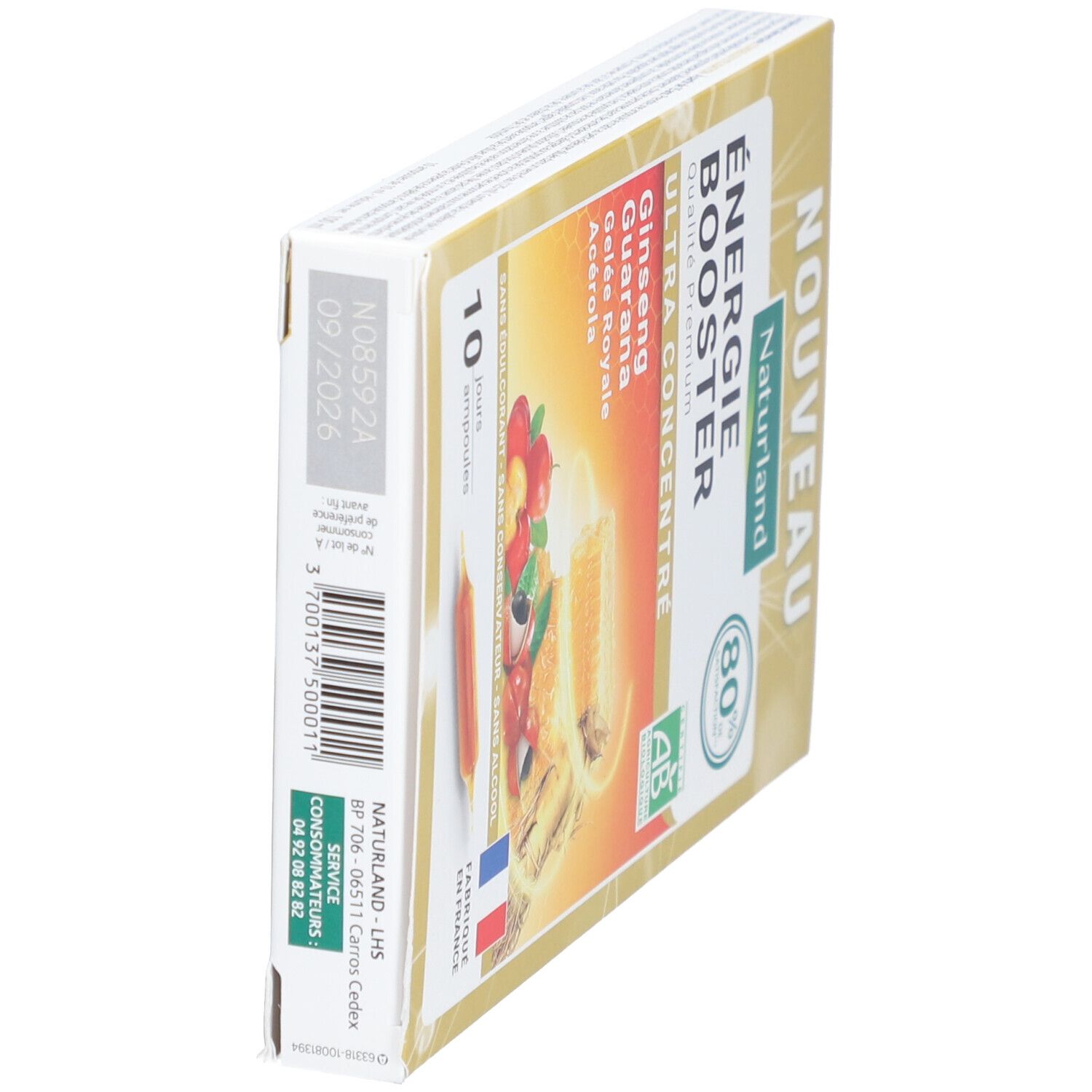 Emballage produit en biais. Texte: ÉNERGIE BOOSTER, 10 ampoules, ingrédients. Labels bio, Fabriqué en France. Label 80%.