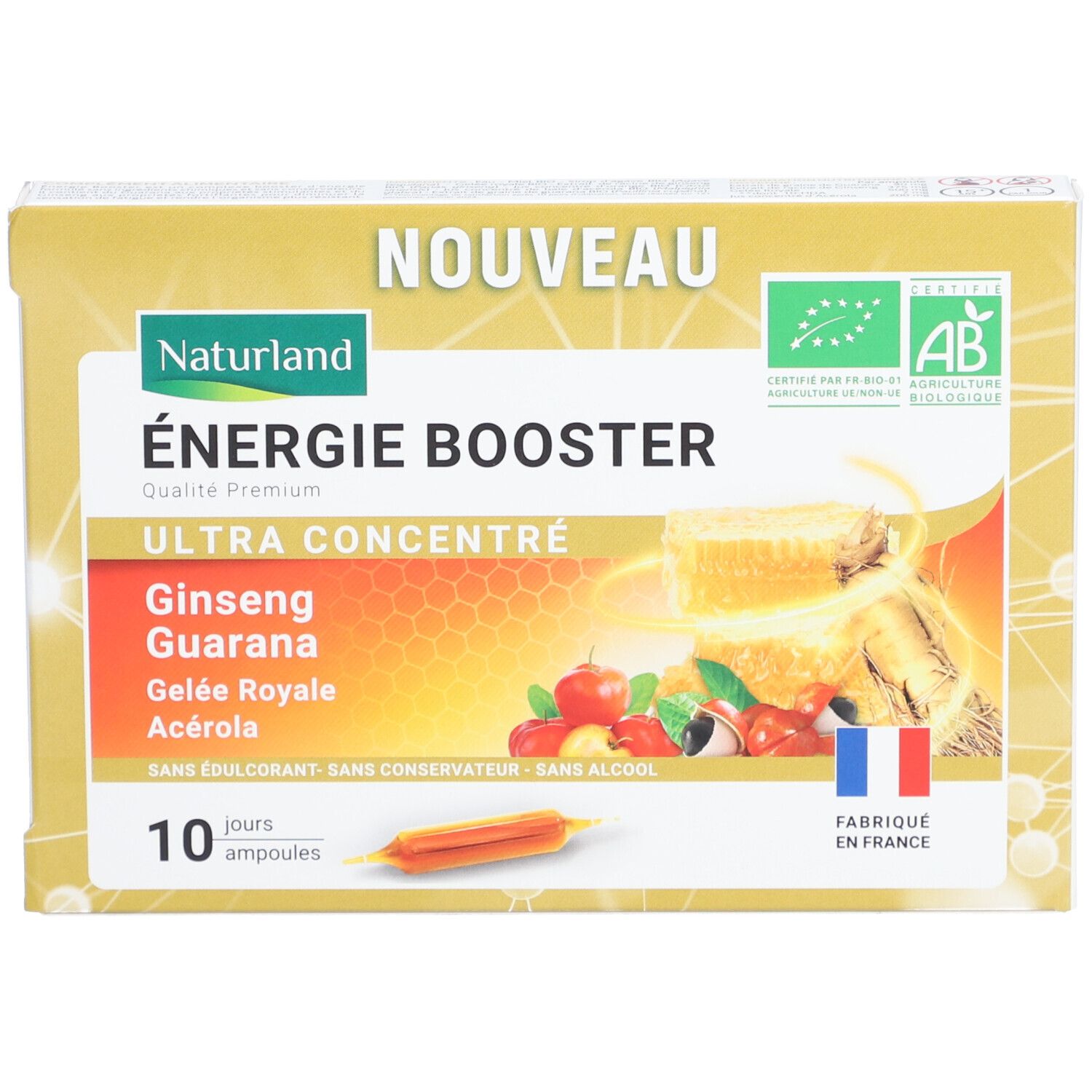 Emballage produit avec texte: ÉNERGIE BOOSTER, 10 ampoules, ingrédients. Labels bio, Fabriqué en France. Illustration de fruits.