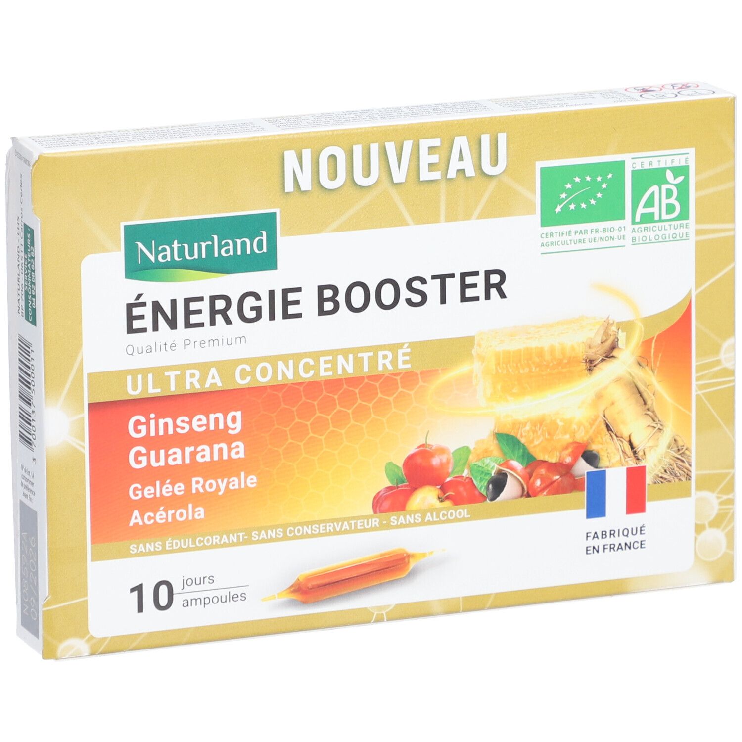 Emballage produit avec texte: ÉNERGIE BOOSTER, 10 ampoules, ingrédients. Labels bio, Fabriqué en France. Illustration de fruits.