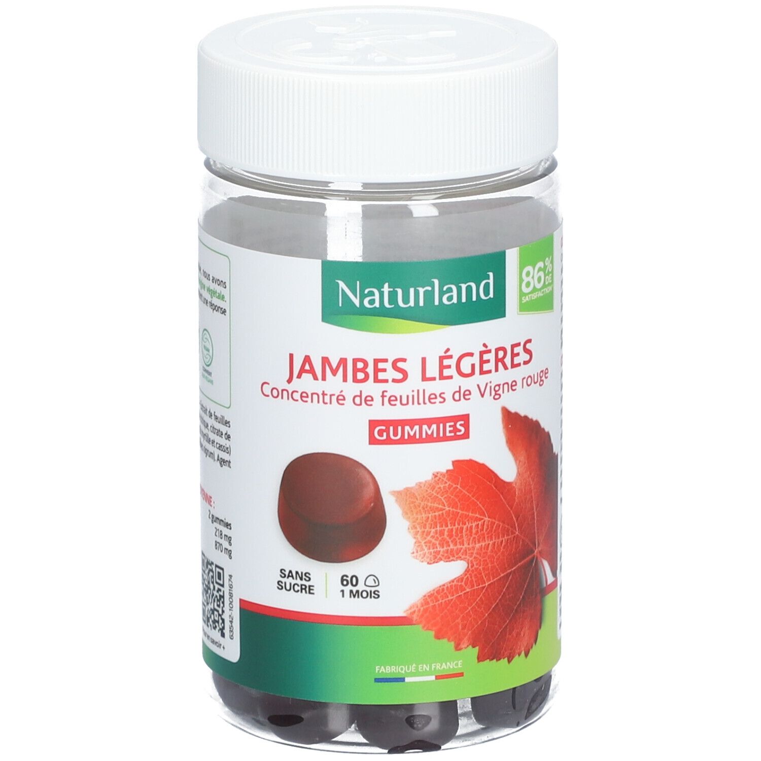 Klare Dose mit Gummies. Aufschrift: Jambes Légères, Concentré de feuilles de Vigne rouge, Gummies. Rotes Weinblatt-Illustration.