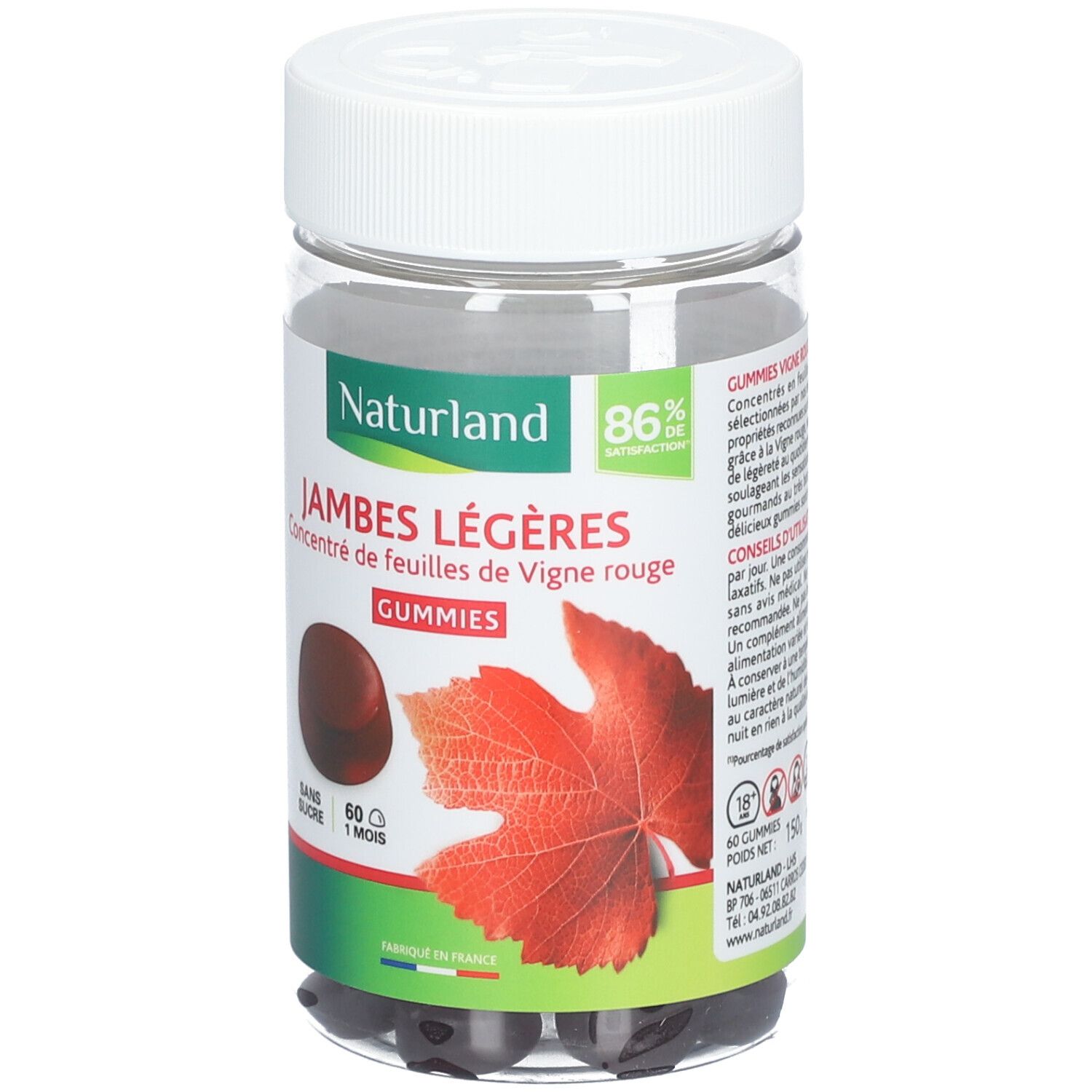 Klare Dose mit Gummies. Aufschrift: Jambes Légères, Concentré de feuilles de Vigne rouge, Gummies. Rotes Weinblatt-Illustration.