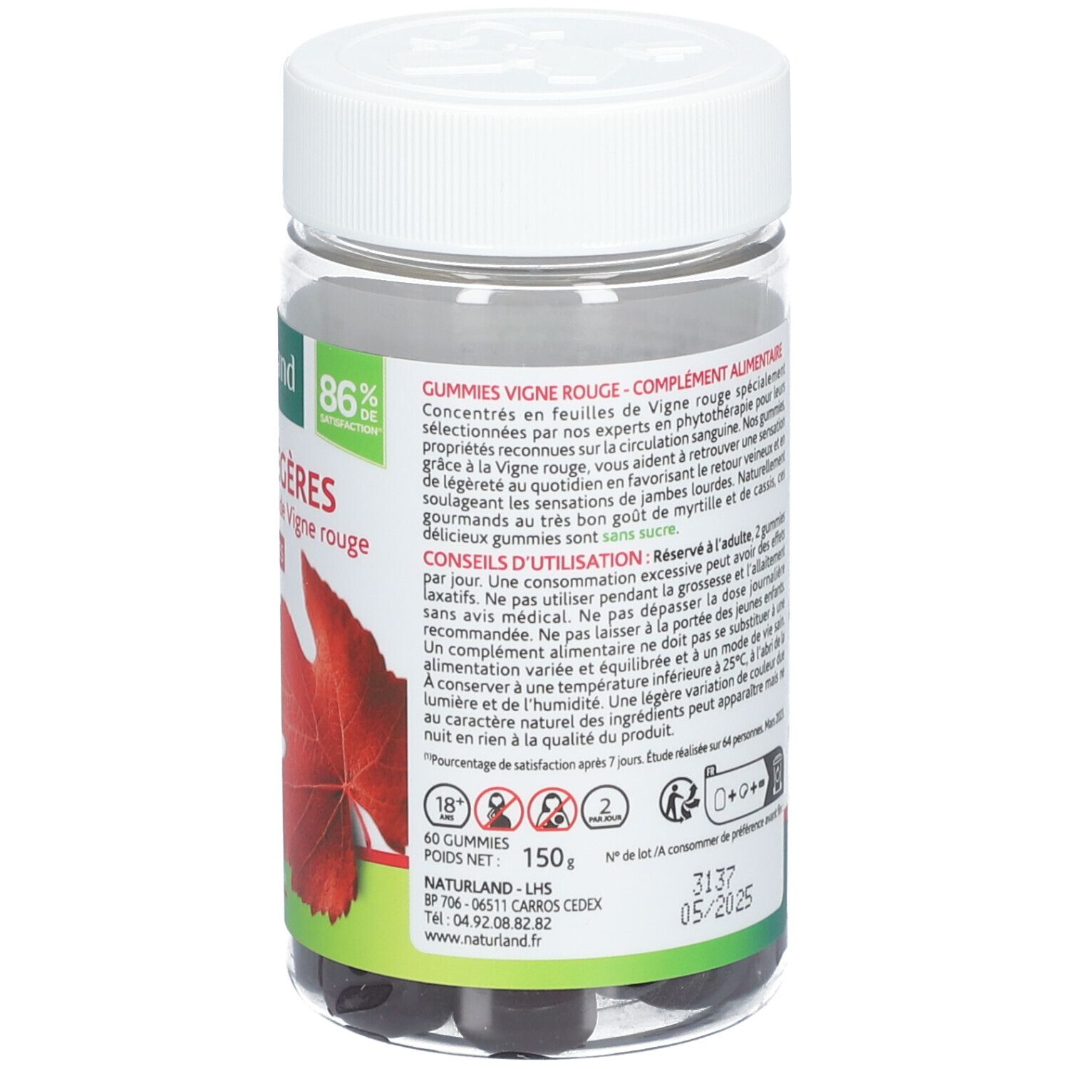 Rückseite der Dose mit Text. Enthält Informationen zu Inhaltsstoffen, Dosierung und Haltbarkeit. Naturland-Logo.