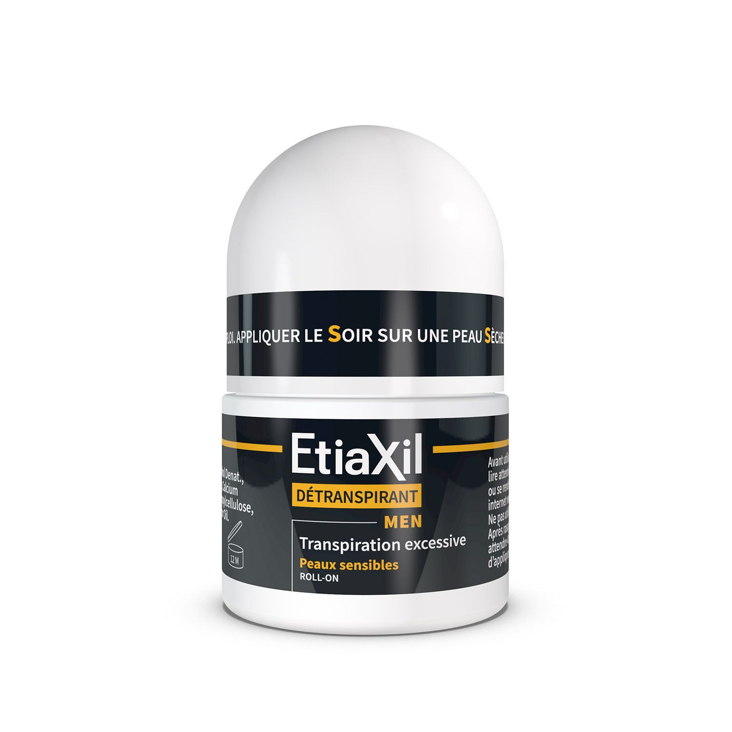 Roll-on blanc avec bande noire. Nom du produit et logo Men. Pour peaux sensibles.