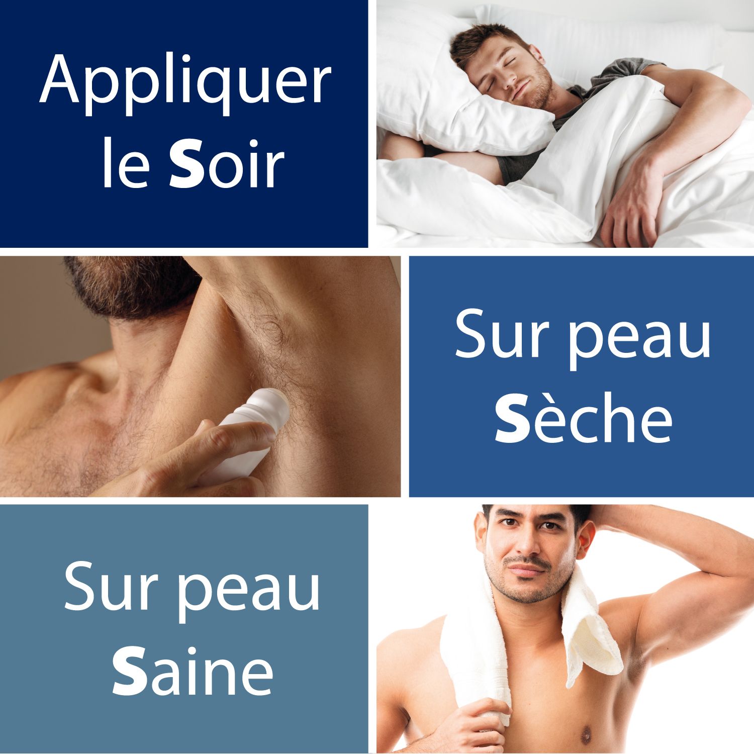 Collage avec images d'application. Homme au lit, homme avec déo, homme avec serviette. Texte : Le soir, peau sèche, peau saine.