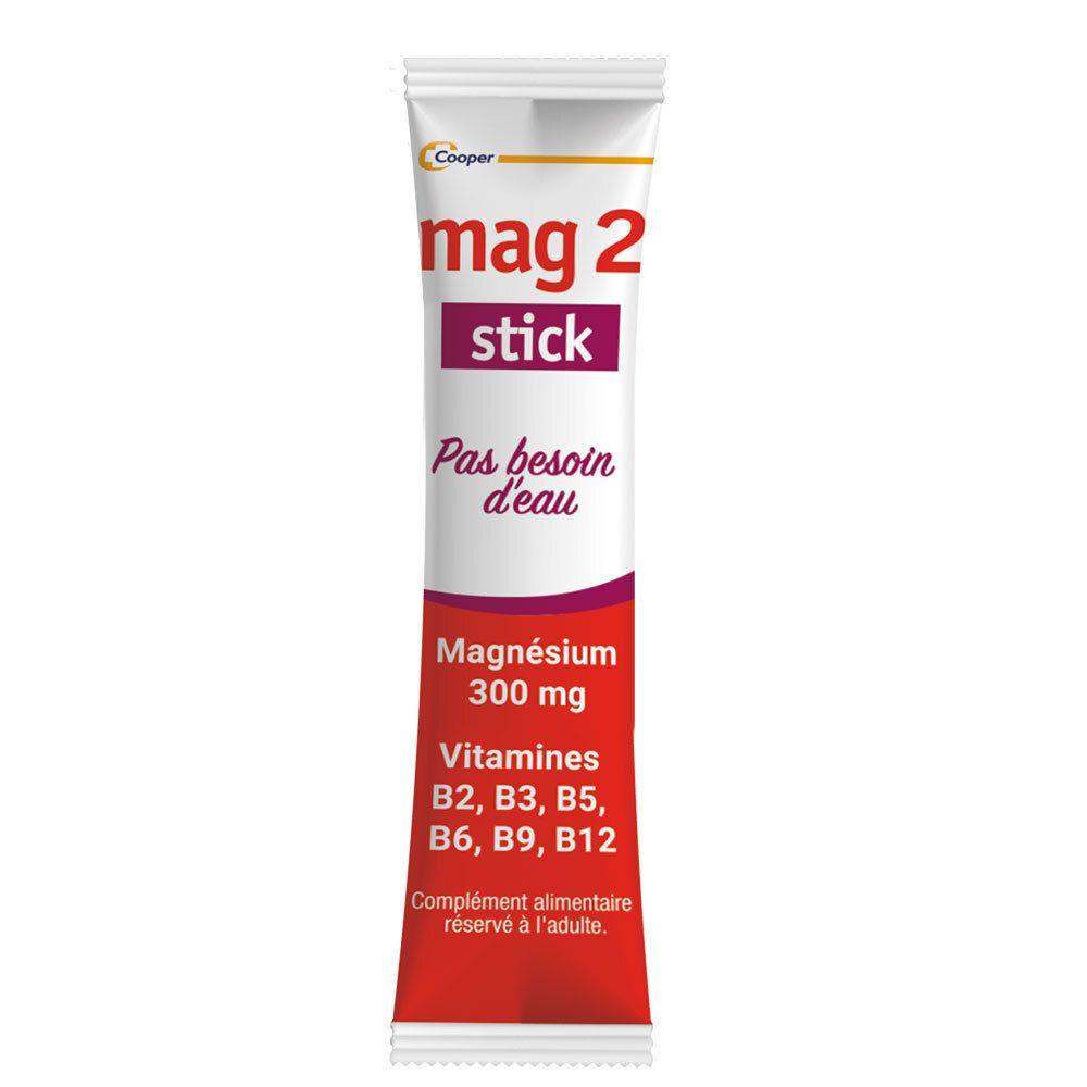 Einzelner Mag 2 Stick. Aufschrift: Mag 2 Stick, Magnesium 300 mg, Vitamine B2, B3, B5, B6, B9, B12. Ohne Wasser.