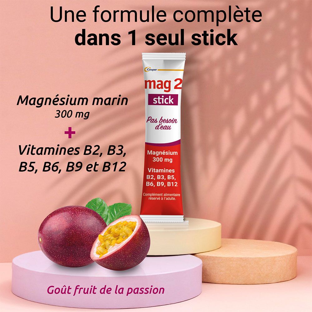 Produktabbildung mit Mag 2 Stick und Passionsfrucht. Text: Eine komplette Formel in 1 Stick. Magnesium marin 300 mg + Vitamine.