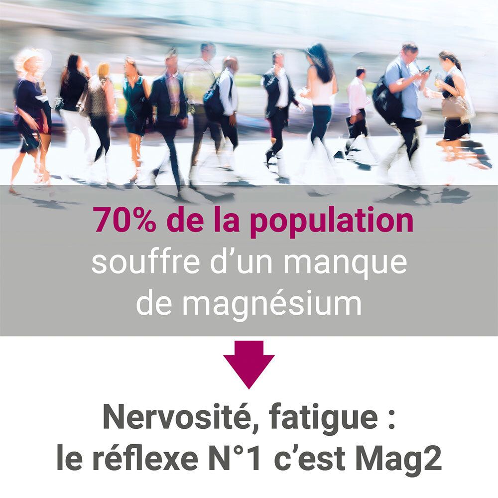 Menschenmenge in Bewegung. Text: 70% der Bevölkerung leidet an Magnesiummangel. Nervosität, Müdigkeit: Der Reflex Nr. 1 ist Mag2.