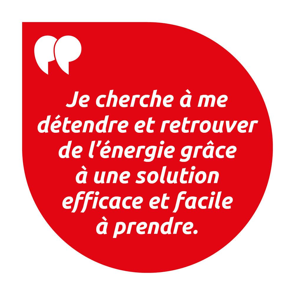 Roter Kreis mit Text: Ich möchte mich entspannen und dank einer wirksamen und einfach einzunehmenden Lösung Energie zurückgewinnen.