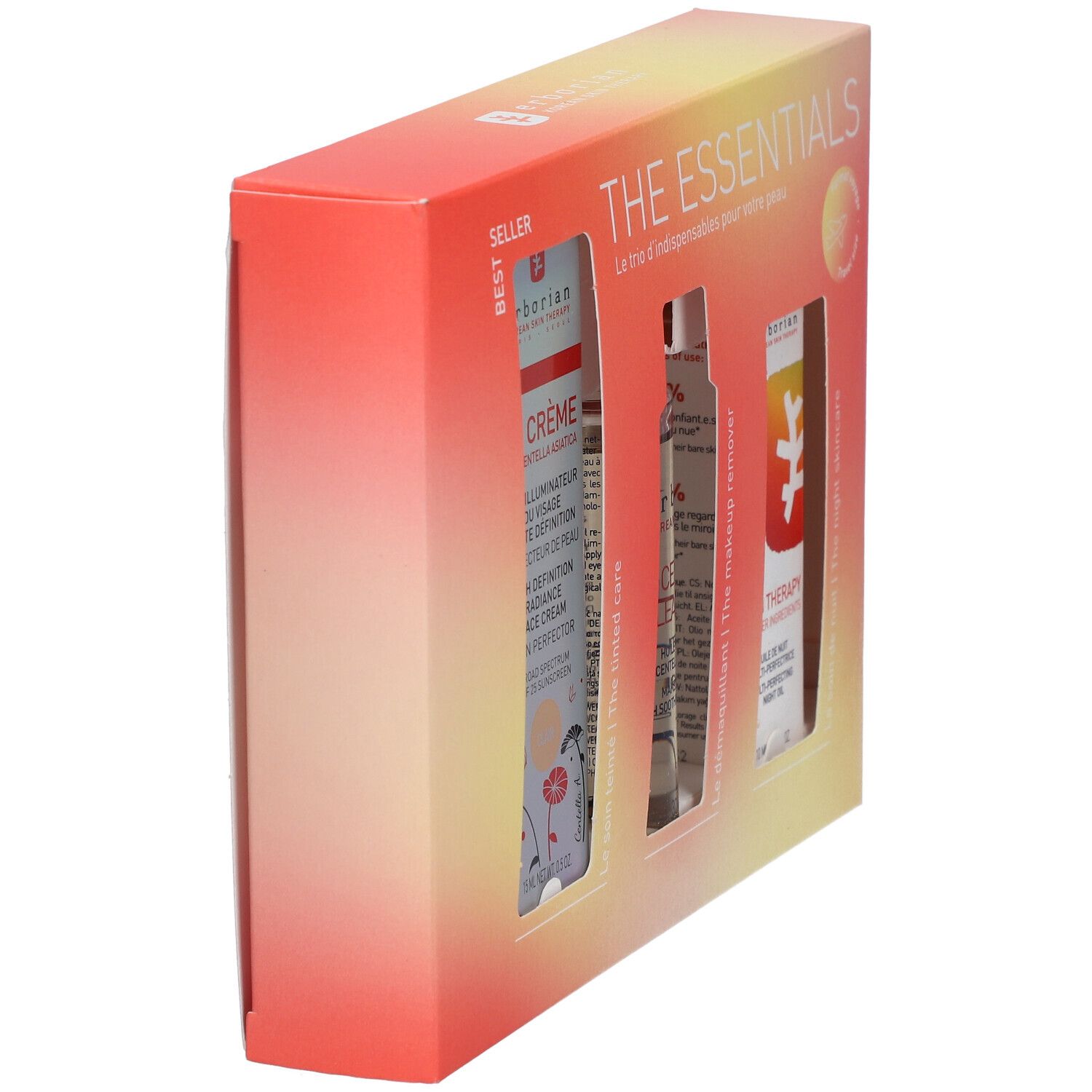 Coffret de trois produits dans une boîte. Vue latérale de l'emballage avec les noms des produits.