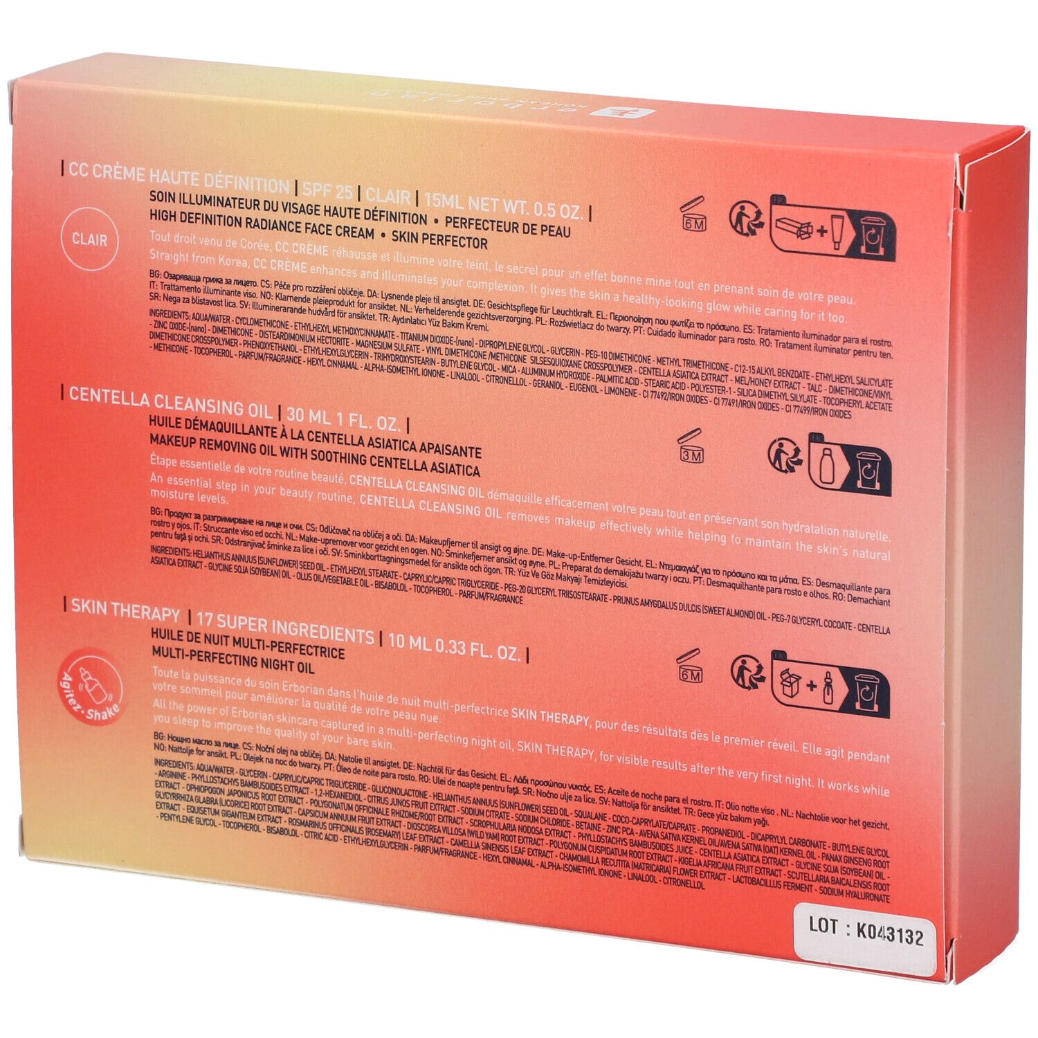 Dos du coffret cadeau avec informations sur les produits et ingrédients. Texte multilingue.