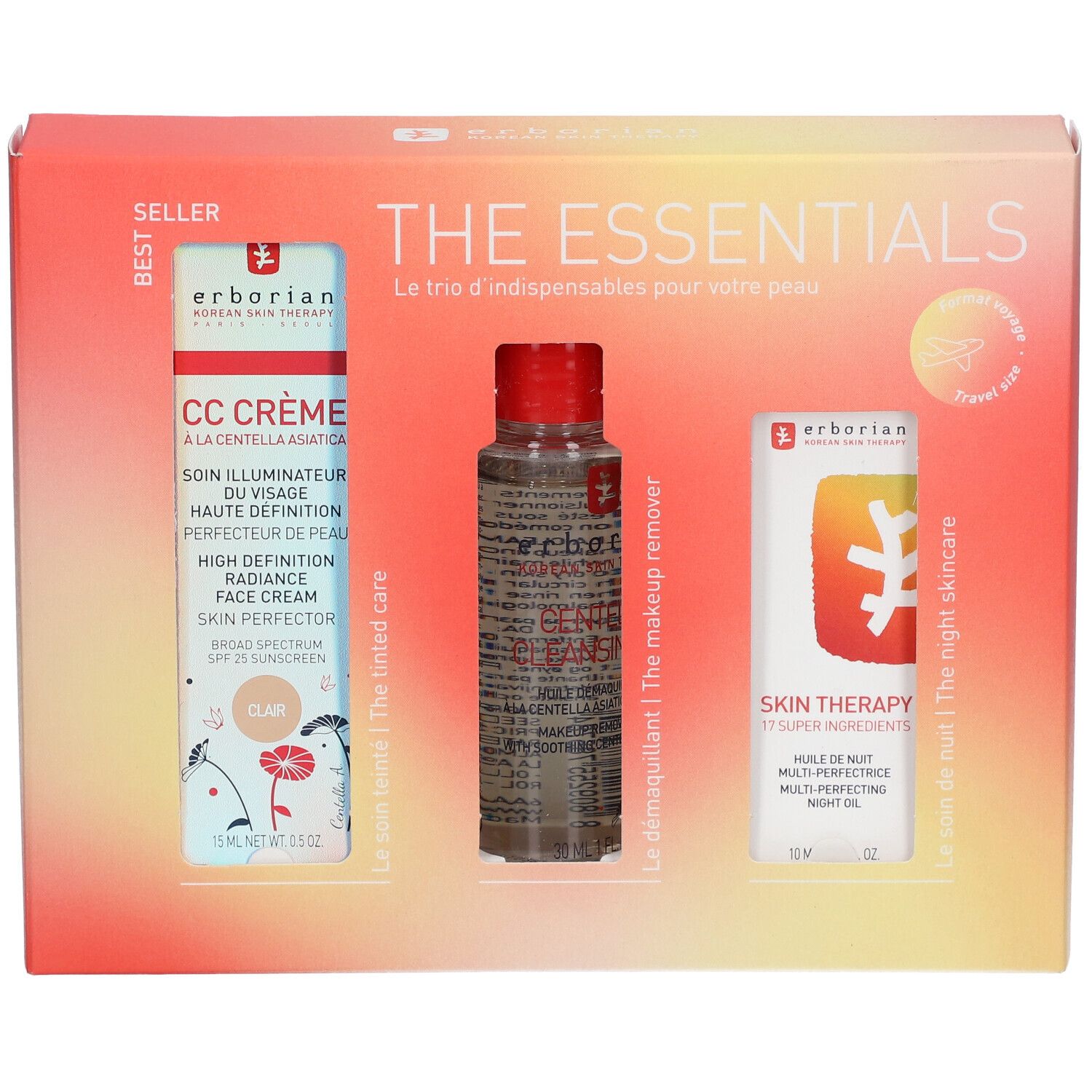 Coffret de trois produits : CC Crème, huile nettoyante et huile de nuit. Emballage avec noms et logo.