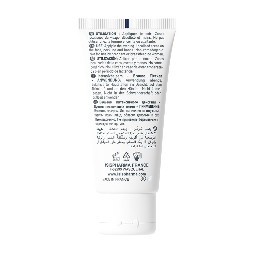 Rückseite der Tube. Text: Anwendungshinweise in mehreren Sprachen. ISISPHARMA, Made in France, 30 ml.