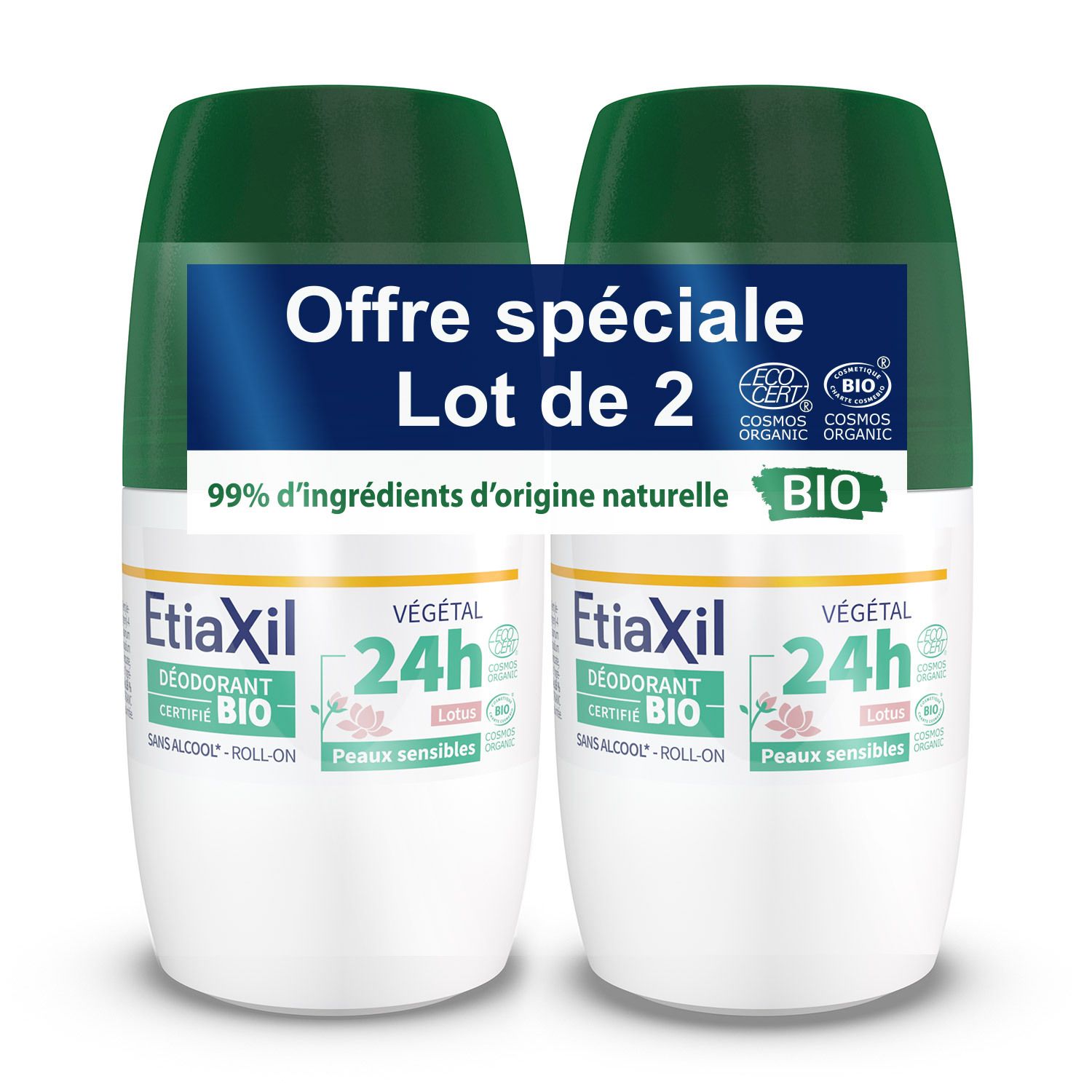 Etiaxil - Déodorant Végétal - Certifié BIO Parfum Lotus 24H - Aisselles - Adapté aux peaux sensibles - Roll-on - 50 ml - Lot de 2