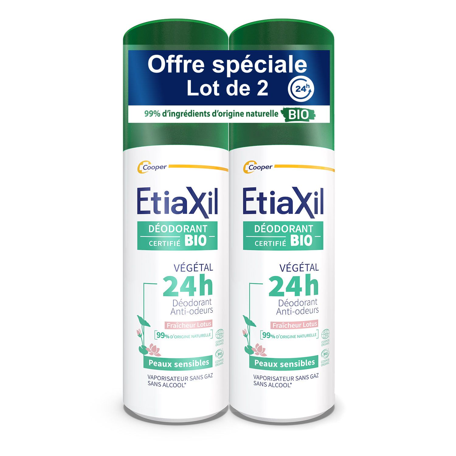 Etiaxil - Déodorant Végétal - Certifié BIO Parfum Lotus 24H - Aisselles - Adapté aux peaux sensibles - Spray - 100ml - Lot de 2