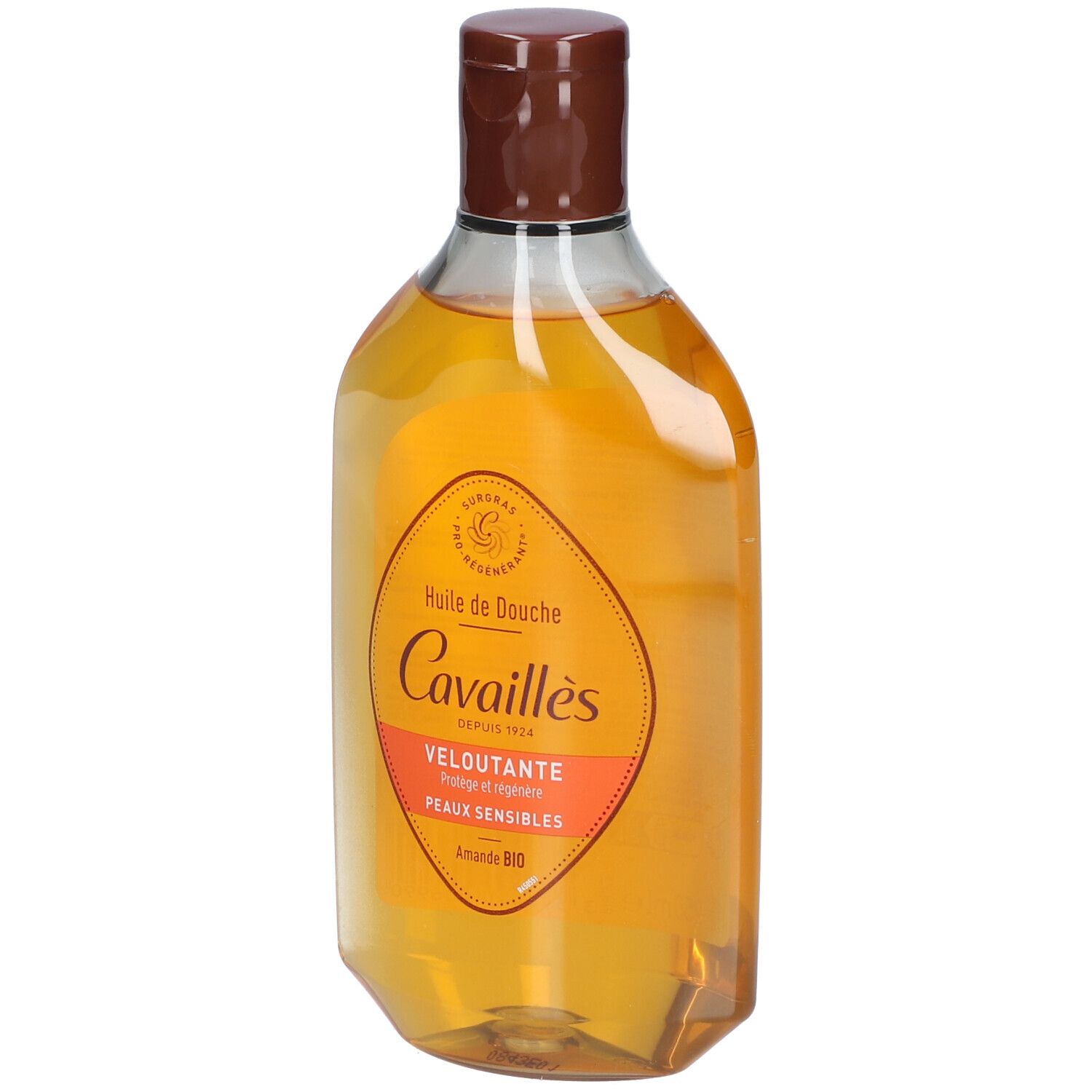 Doucheolie in transparante fles met bruine dop. Etiket met productinformatie.