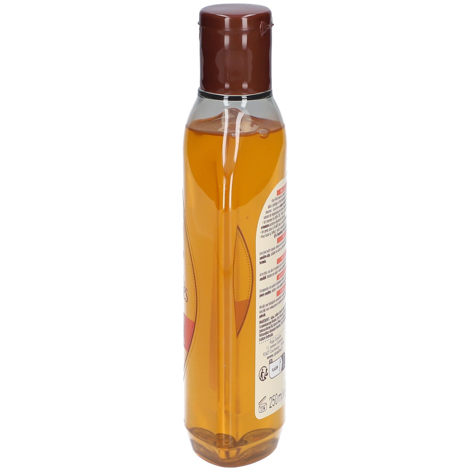 Fles doucheolie, zijaanzicht. Transparante fles met bruine dop.
