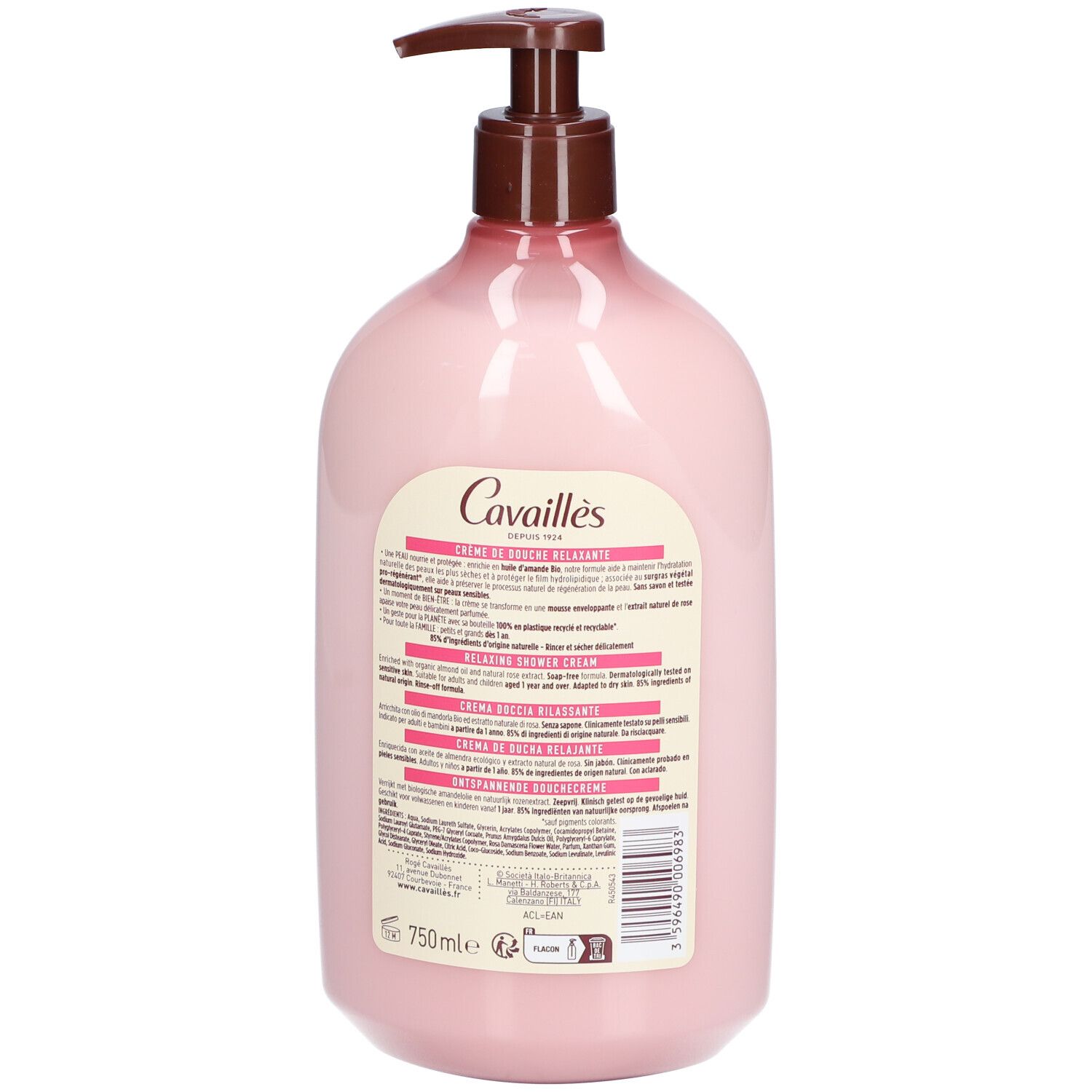 Dos du flacon rose avec pompe marron. Étiquette avec texte, code-barres et indication de volume 750ml.