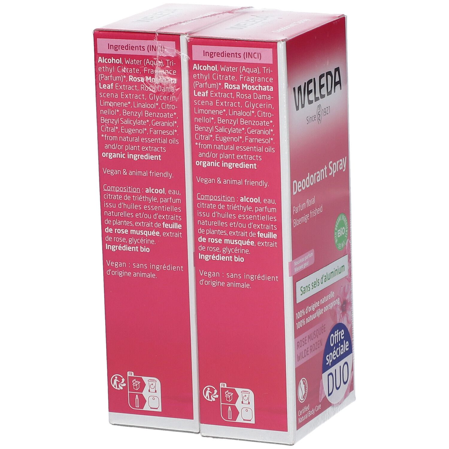 Rückseite der Doppelpackung Deodorant Spray von WELEDA. Inhaltsstoffe und Produktinformationen aufgedruckt.