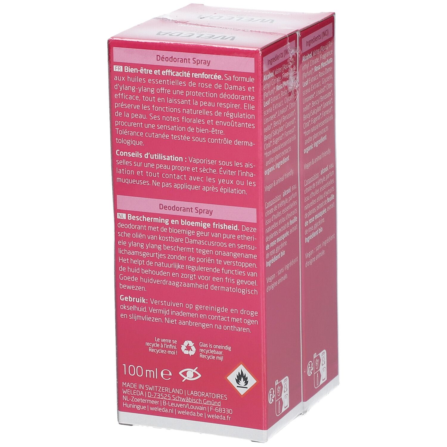Seite der Doppelpackung Deodorant Spray von WELEDA. Produktbeschreibung, Anwendungshinweise und Recycling-Symbole.
