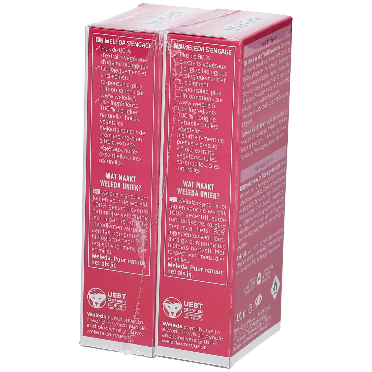Seite der Doppelpackung Deodorant Spray von WELEDA. Informationen zu Inhaltsstoffen und Nachhaltigkeit.