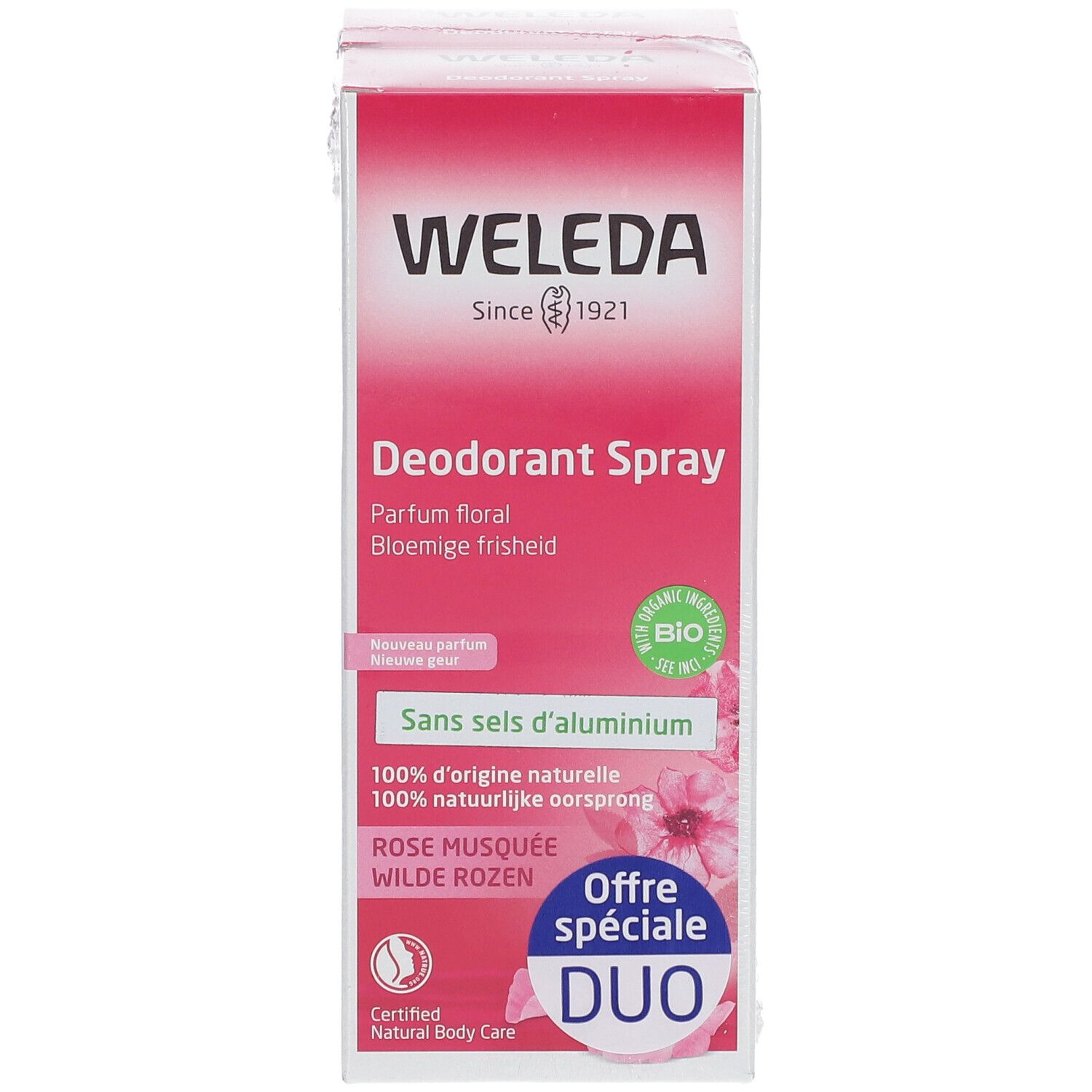 Einzelne Deodorant Spray Verpackung von WELEDA. Rosa Design, Produktname, Logo und Duo-Angebot.