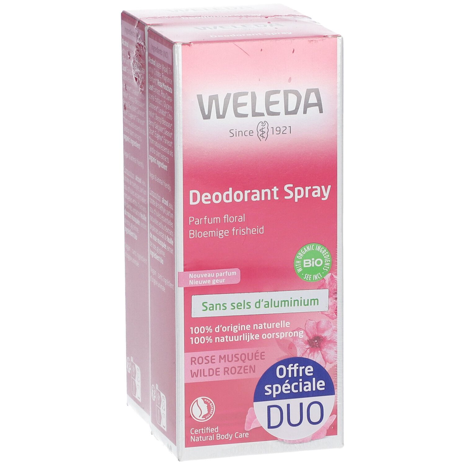 Doppelpackung Deodorant Spray von WELEDA. Rosa Verpackung mit Produktinformationen und Logo. Duo-Angebot.