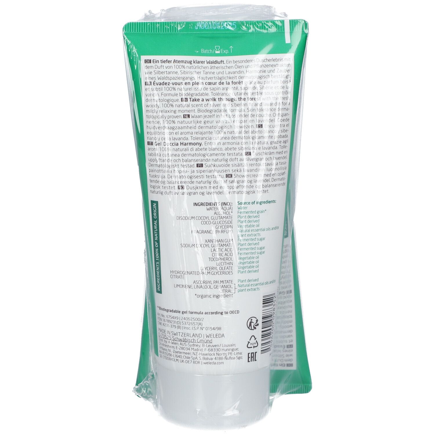 Weleda Harmony Gel Douche bien-être Aroma. Witte tube in groene verpakking. Tekst op achterkant. Transparante folie.