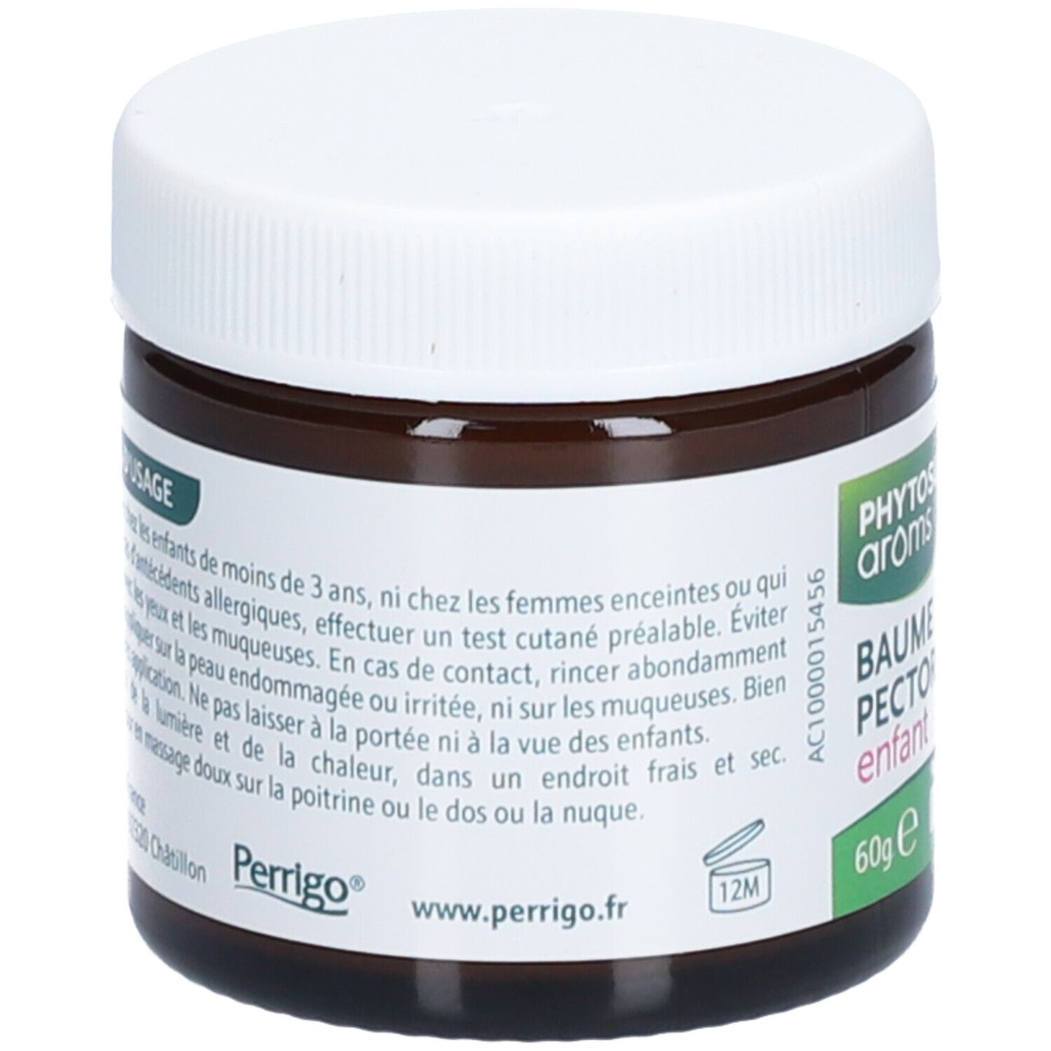 Pot brun avec couvercle blanc. Texte au dos. Marque Perrigo. Symbole 12M. 60g.