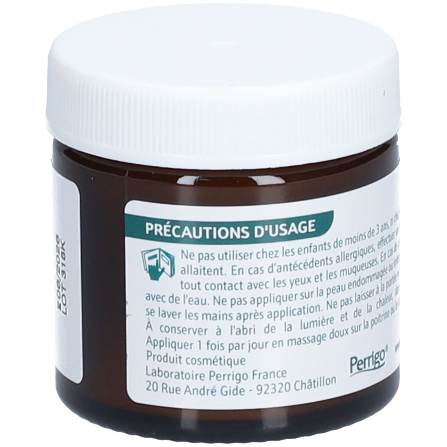 Pot brun avec couvercle blanc. Texte au dos. Marque Perrigo. 60g.