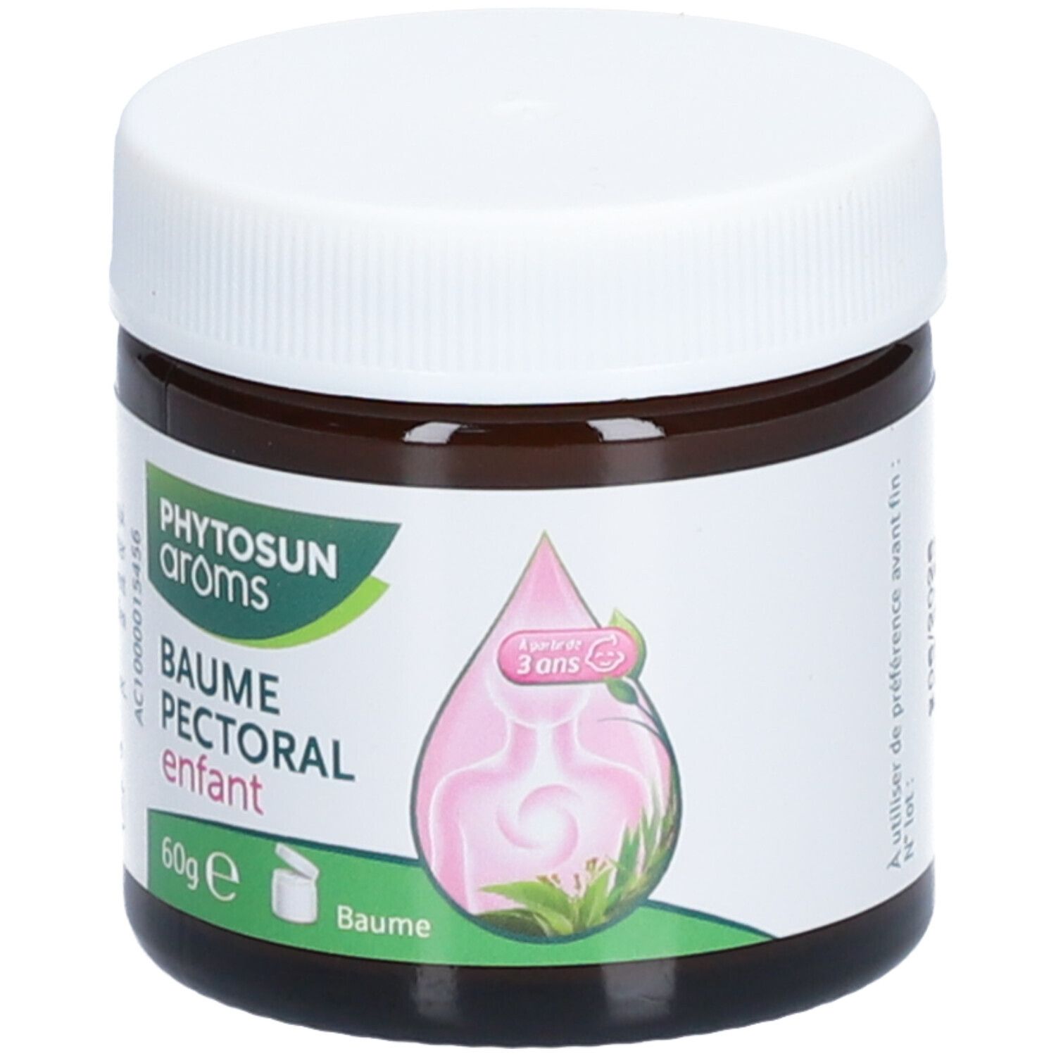 Pot brun avec couvercle blanc. Étiquette avec nom du produit et logo. 60g. Pour enfants dès 3 ans.